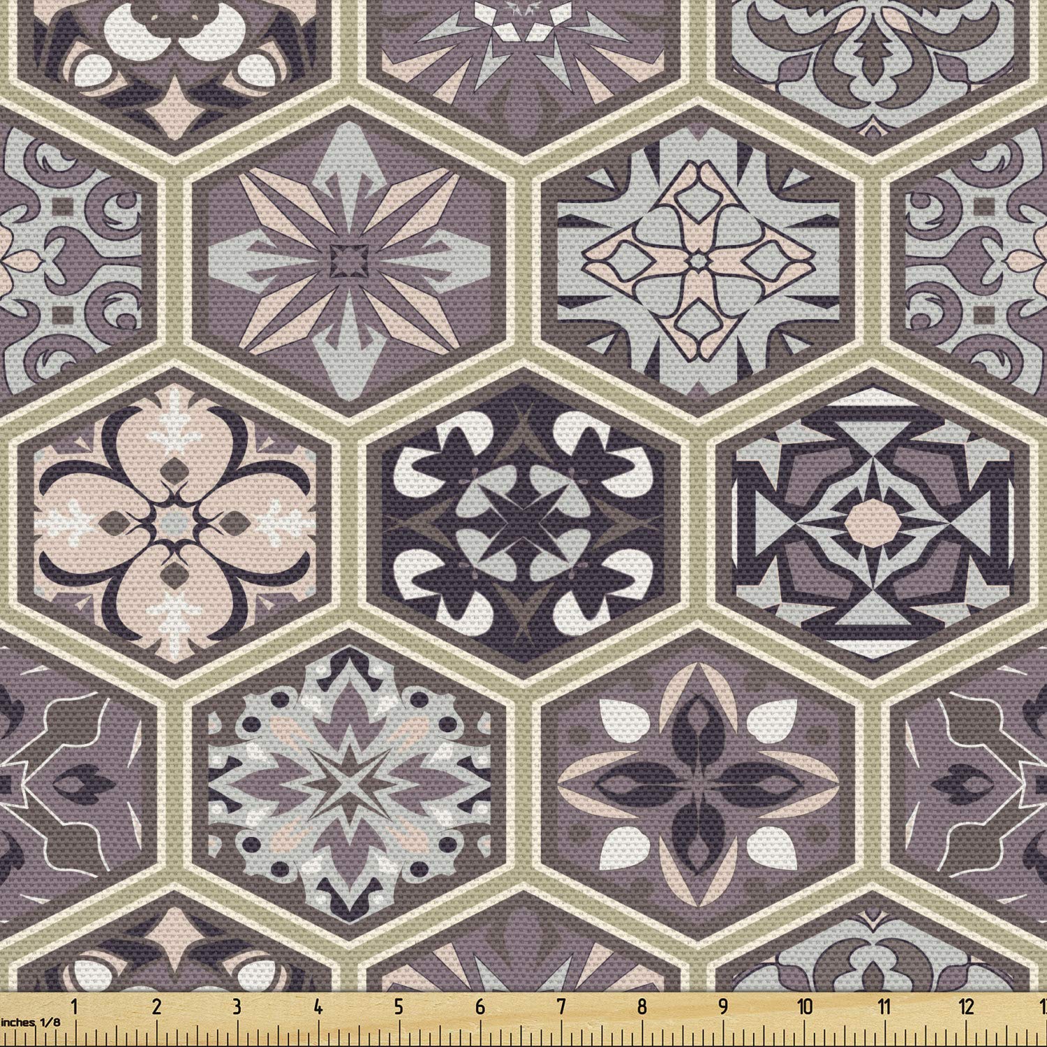 Ambesonne Antique Oriental Fabric by The Yard - Floral Honeycomb Pattern Upholstery Fabric for Sofa, Curtains & Home Decor (10 Yards, Pale Tan/Dark Taupe/Grey) | Perfect for DIY Projects, Furniture Restoration & Bohemian Style Home Accents