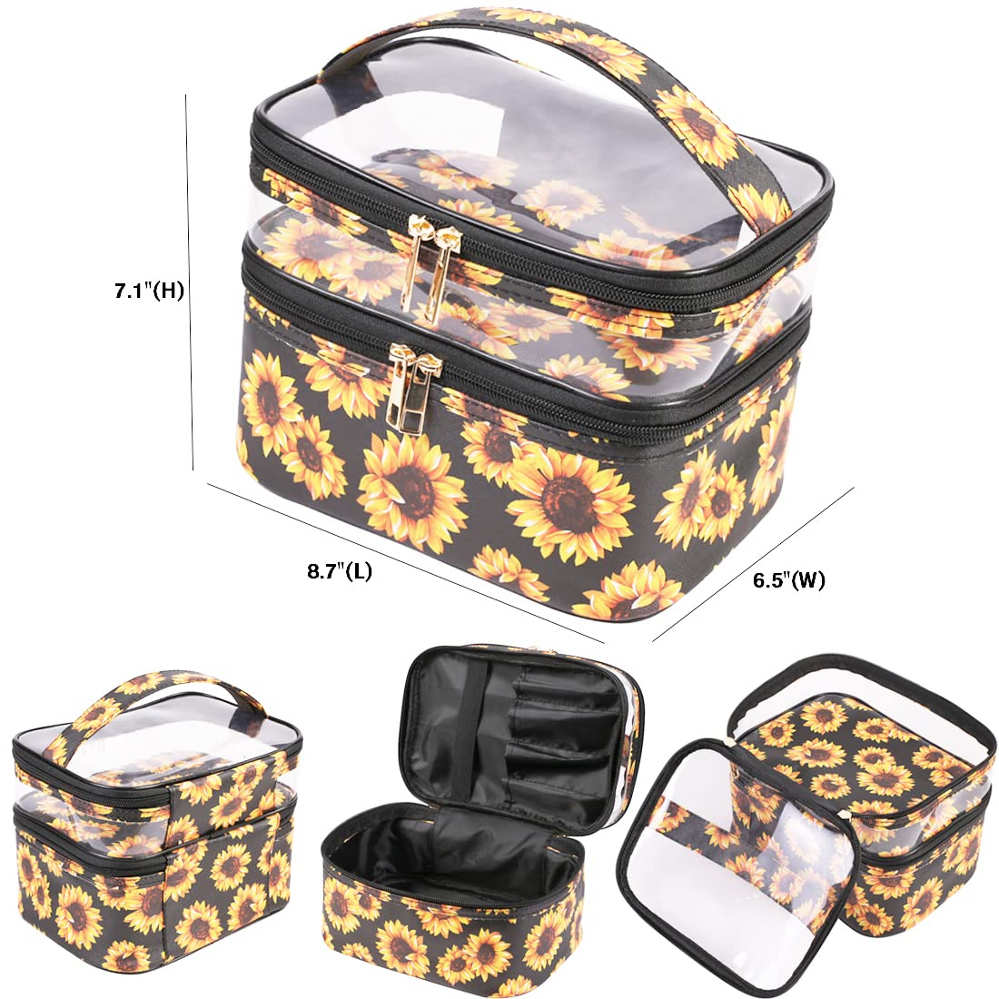 FITINI Double Layer Makeup Bag for Travel - Large Water-Resistant Cosmetic Organizer & Toiletry Case with Brush Holder - Perfect for Women's Makeup Storage, Sunflower Design | Ideal for Travel, Gym, and Daily Beauty Essentials