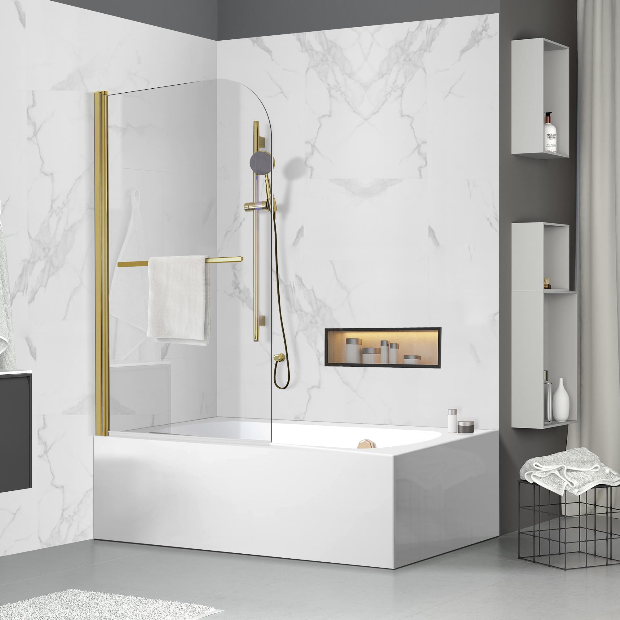 Frameless Shower Door 34x58 Inch - Brushed Gold Tempered Glass (6mm) Bathroom Tub Enclosure with Handle - Perfect for Modern Bathrooms & Spa-Like Showers