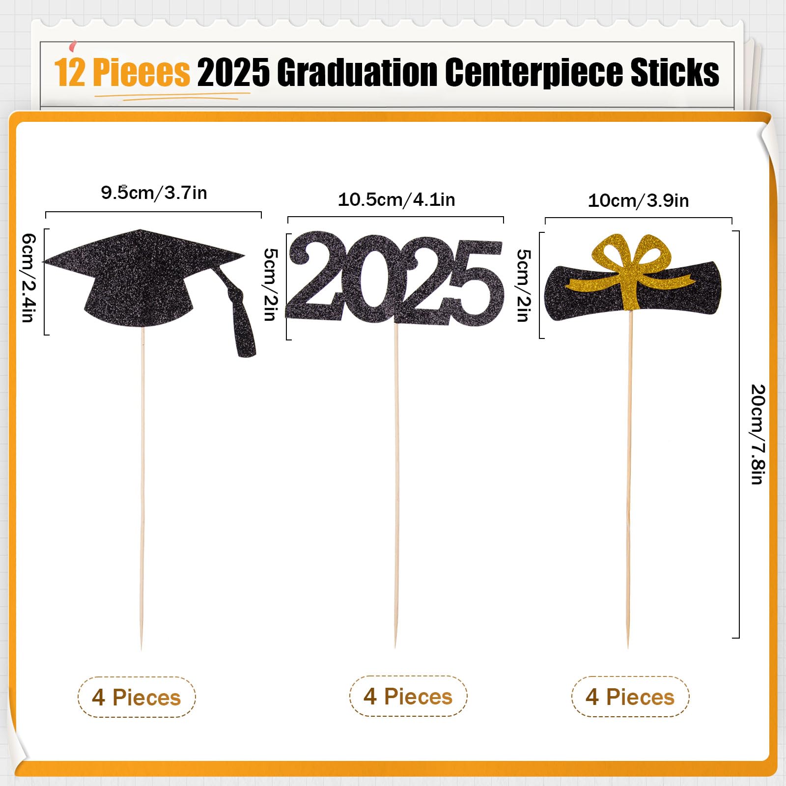 12-Piece Glitter Graduation Centerpiece Sticks - Class of 2025 Cake Toppers & Floral Picks for High School & College Graduation Parties (Black) | Perfect for Graduation Decorations, Table Centerpieces, and Photo Backdrops
