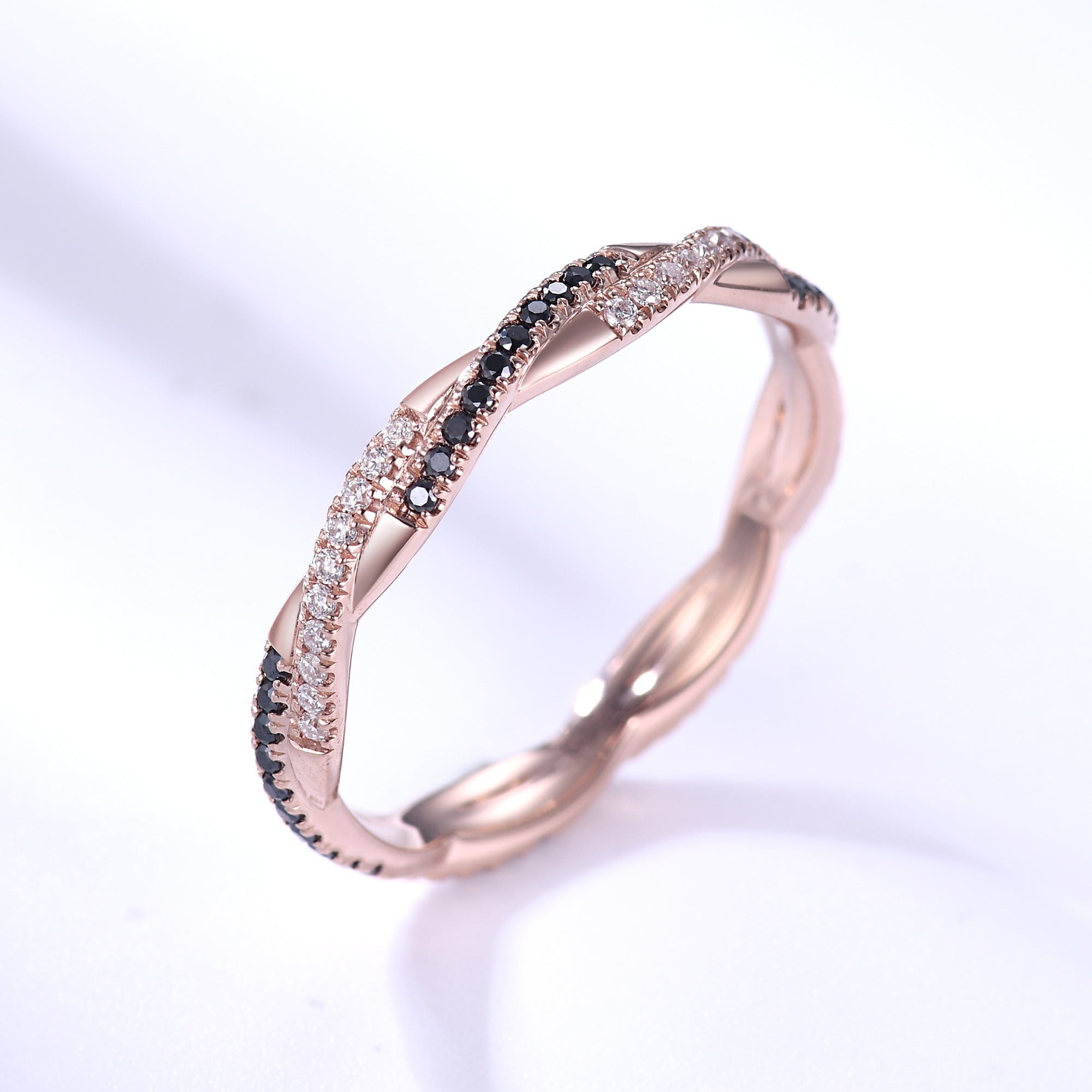 Twisted Black Diamond Wedding Band Ring for Women - 14K Rose Gold Infinity Full Eternity Ring - Perfect for Anniversary, Engagement & Romantic Gifts