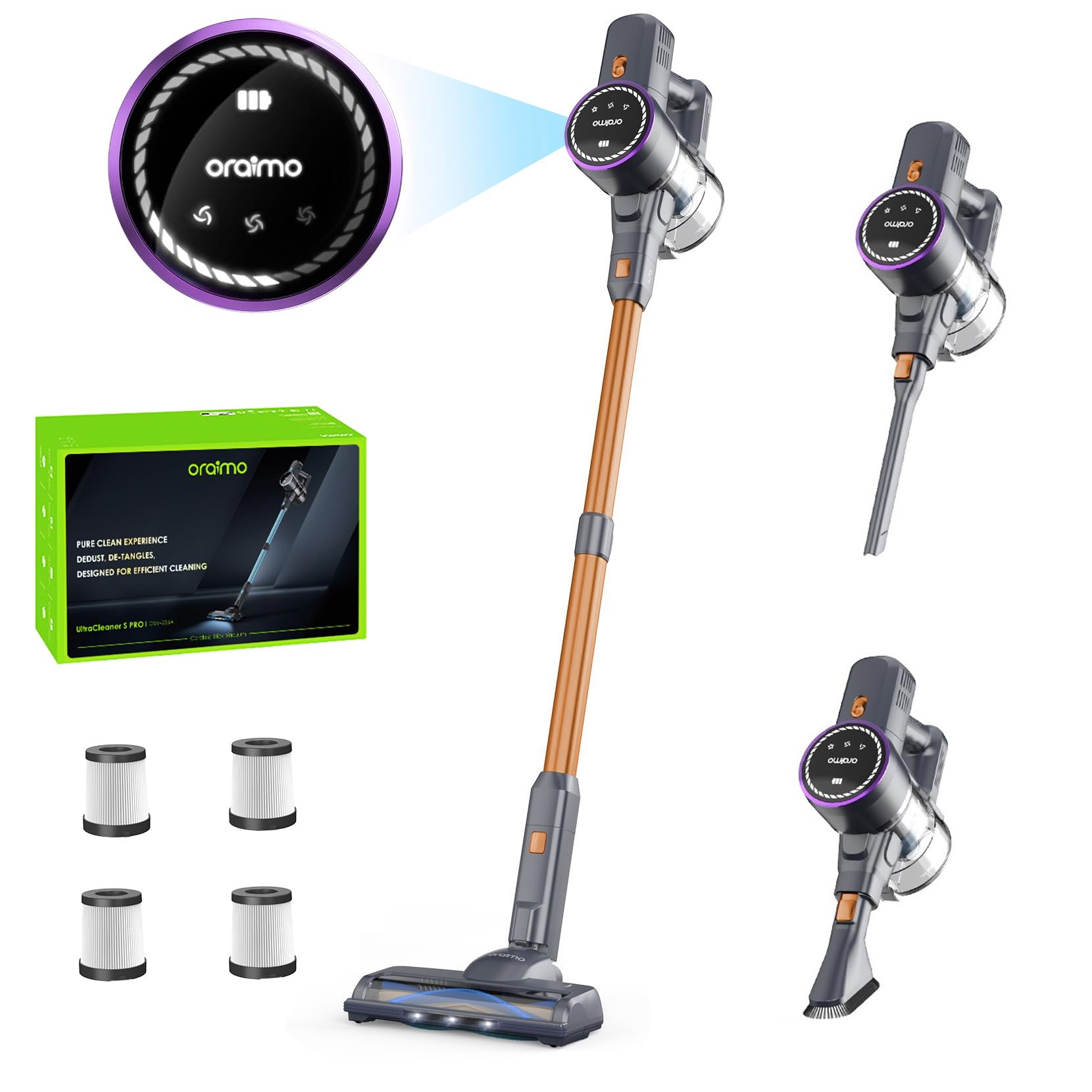Oraimo Cordless Stick Vacuum Cleaner 270W with 24KPa Suction, 45 Min Runtime, LED Display & Battery Indicator, 3 Power Modes, Self-Standing Design, Anti-Tangle Floor Brush - Perfect for Hardwood Floors, Carpets & Pet Hair Cleaning
