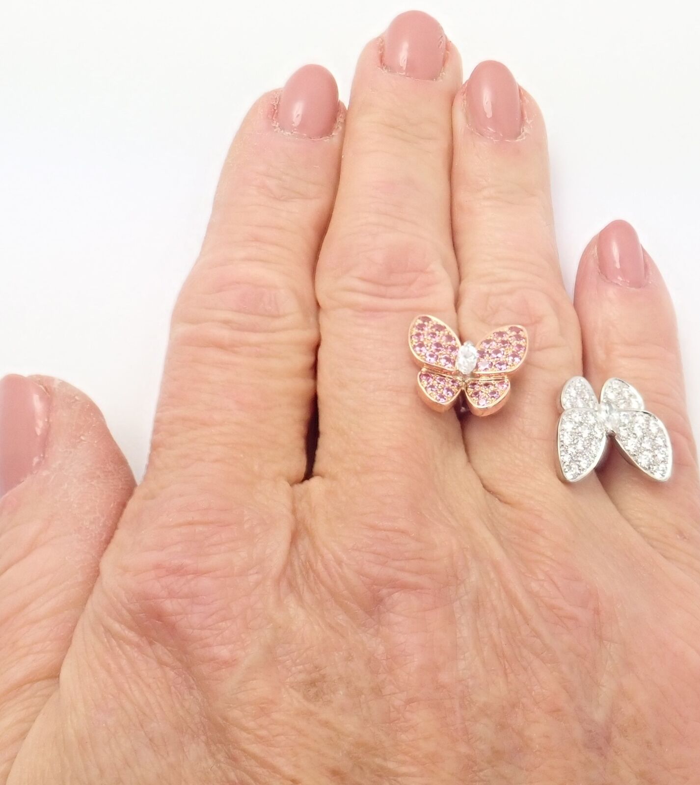 Van Cleef & Arpels 18k Gold Diamond Sapphire Two Butterfly Ring - Elegant Stackable Between Finger Ring for Women, Perfect for Weddings, Anniversaries & Special Occasions