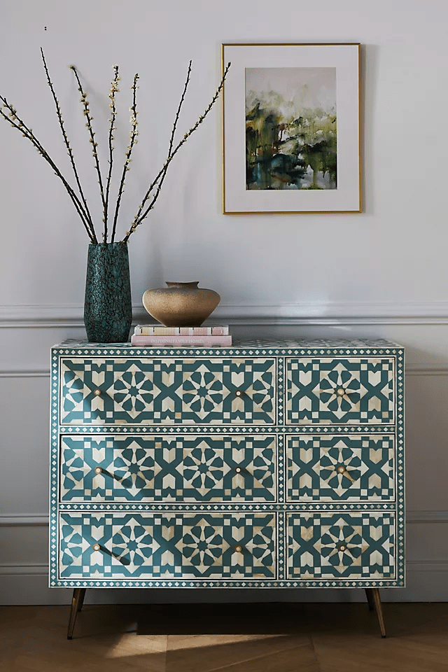 Handmade Moroccan Bone Inlay 6-Drawer Dresser - Turquoise Vintage Storage Chest for Bedroom & Living Room Decor