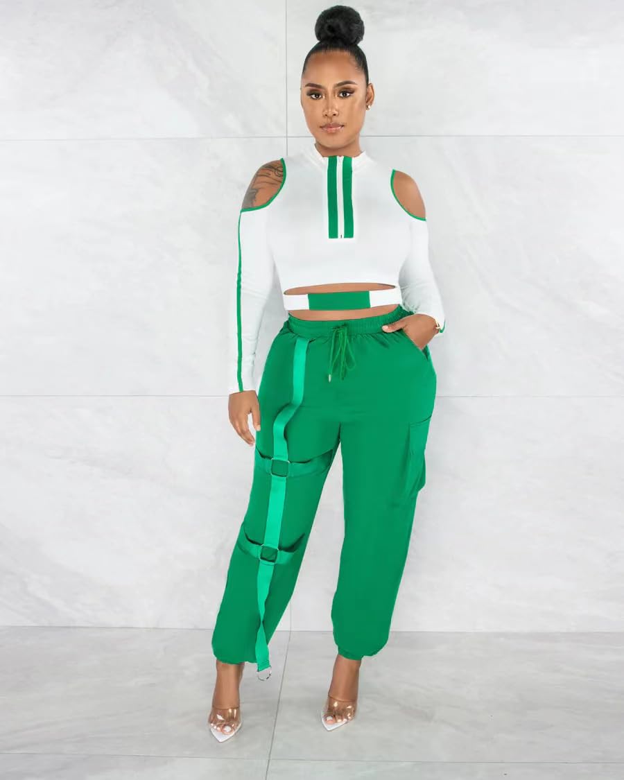 VOIKERDR Women's Two Piece Outfits - Off Shoulder Crop Top & High Waist Bodycon Pants Colorblock Tracksuit Set | Casual Streetwear, Gym Workout, Party Outfit