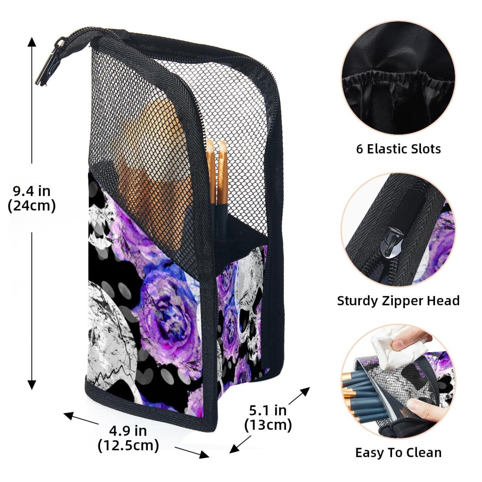 12-Piece Makeup Brush Organizer Bag with Skull Roses Design - Portable Cosmetic Brush Holder Case for Travel & Home Storage - Purple Floral Makeup Brush Set for Professional & Everyday Use