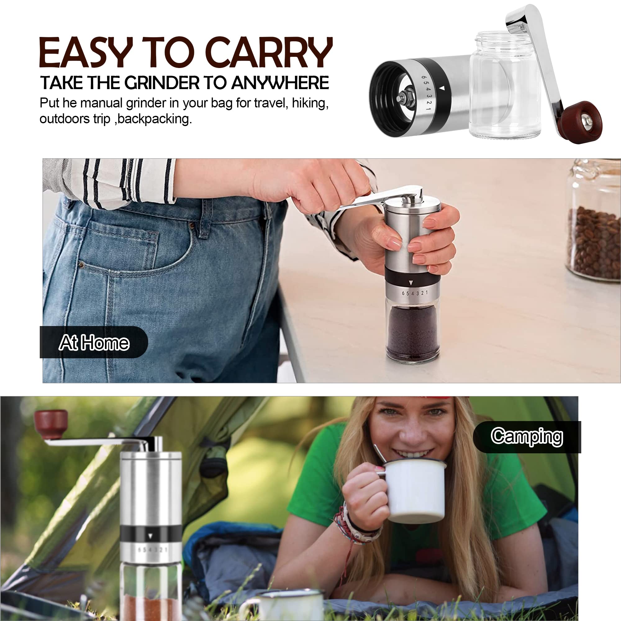 Premium Manual Stainless Steel Coffee Grinder - 6 Adjustable Grind Settings, Ceramic Burr Mill for Espresso, French Press & Drip Coffee | Portable Hand Crank Design Perfect for Camping, Travel & Home Brewing (TRIPLE TREE Brand)