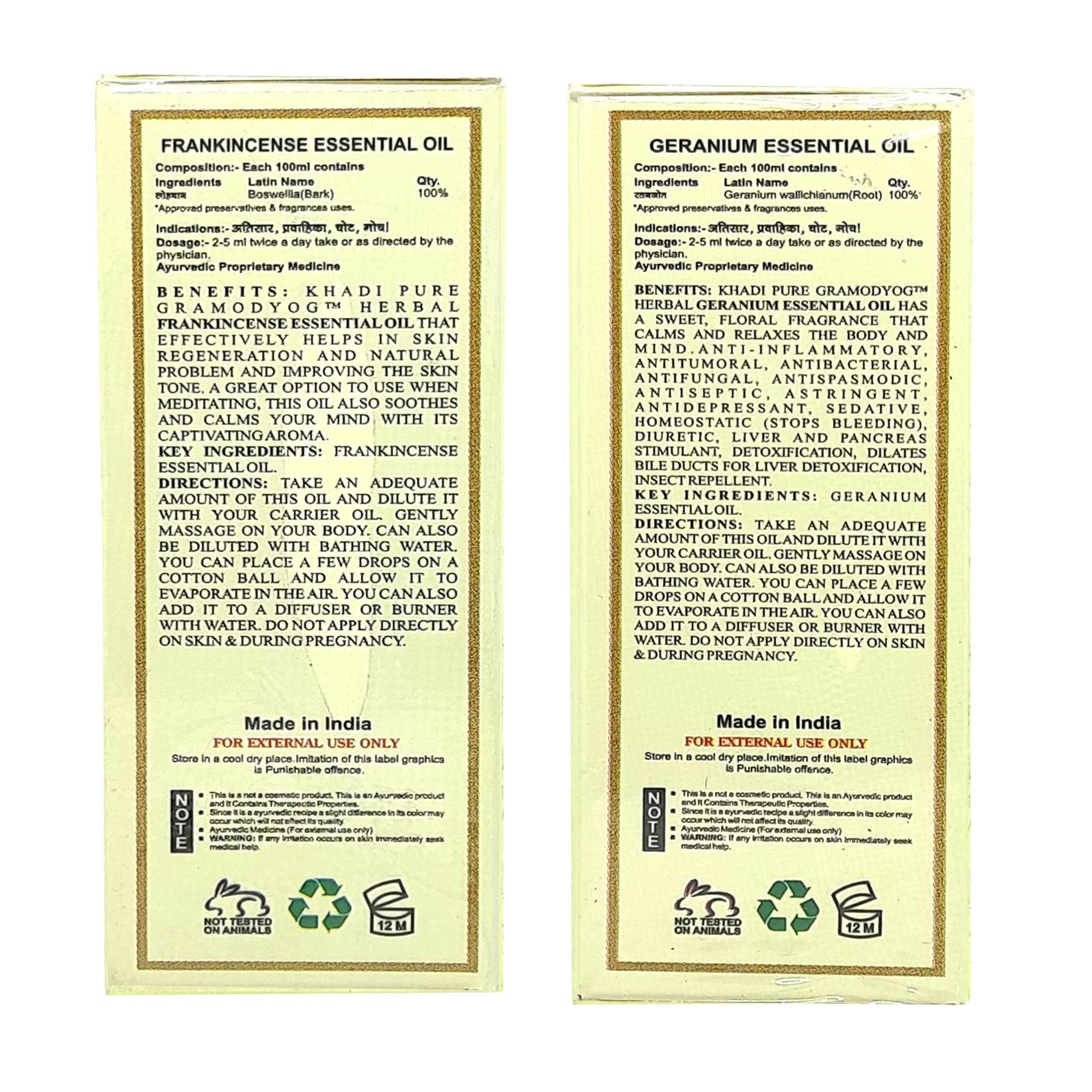 Khadi Pure Frankincense & Geranium Essential Oil - 15ml (Pack of 2) | 100% Natural Aromatherapy Oil for Relaxation, Stress Relief & Skin Care | Perfect for Diffusers, Massage & DIY Beauty Products