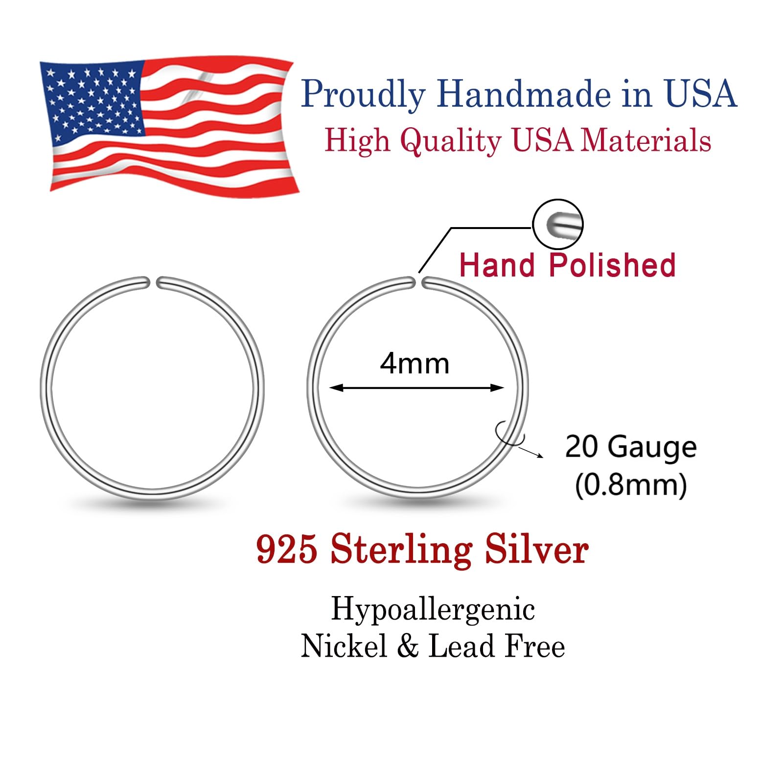 4mm Tiny Hoop Earrings for Cartilage Piercing - Sterling Silver 20G Tragus Hoops | Thin Helix Hoops, Nose Rings | Perfect for Everyday Wear, Minimalist Jewelry, Piercing Gifts