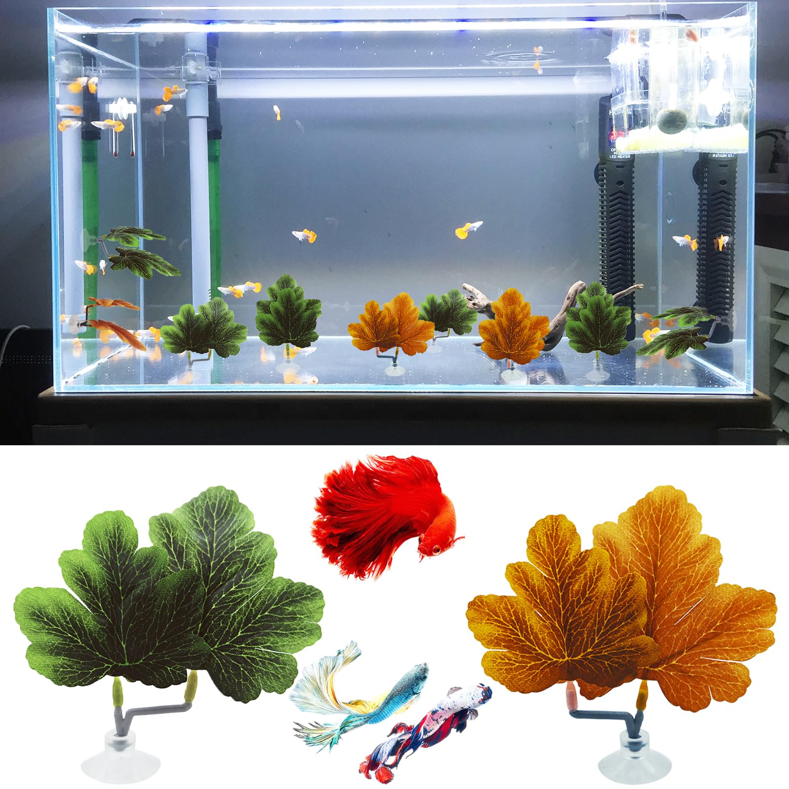 Natural Betta Leaf Hammocks with Suction Cup - 3pcs Aquarium Decor for Fish Tank, Plastic Plants for Spawning Breeding & Resting Bed - Multi-Leaf Design (Green) | Perfect for Betta Fish Habitat & Aquascaping Decorations