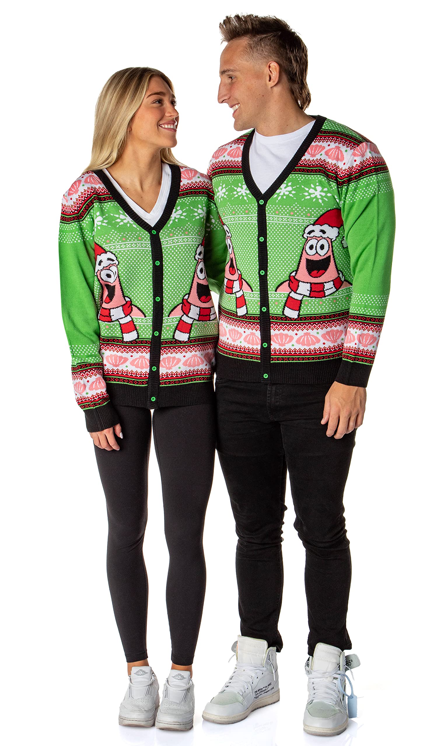 **Spongebob Squarepants Ugly Christmas Sweater for Men - Santa Patrick Star Button-Up Knit Cardigan - Holiday Party & Gift Idea**