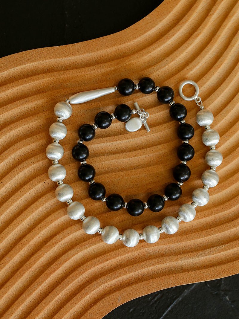 Brushed Bead & Ebony Wood Sphere Necklace for Women - Handmade Boho Chic Jewelry - Perfect for Casual Wear, Date Night & Gift Giving