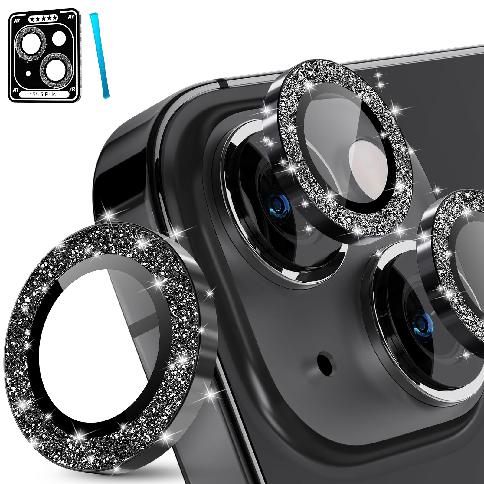 imluckies iPhone 15 & iPhone 15 Plus Camera Lens Protector - HD Clear Aluminum Alloy Ring with 9H Tempered Glass | Glitter Black Back Screen Protection Film | Perfect for Travel, Photography & Daily Use