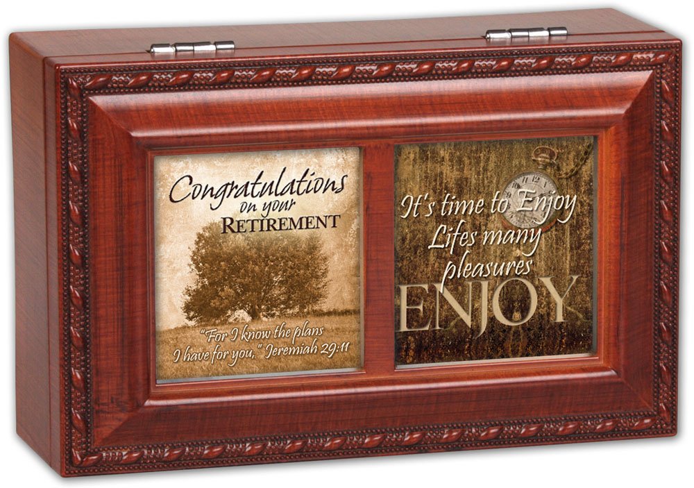 Retirement Gift Woodgrain Music Jewelry Box - Plays 'How Great Thou Art' Hymn - Cottage Garden Theme Keepsake for Women, Men - Perfect for Retirement Party, Anniversary, Birthday Celebration