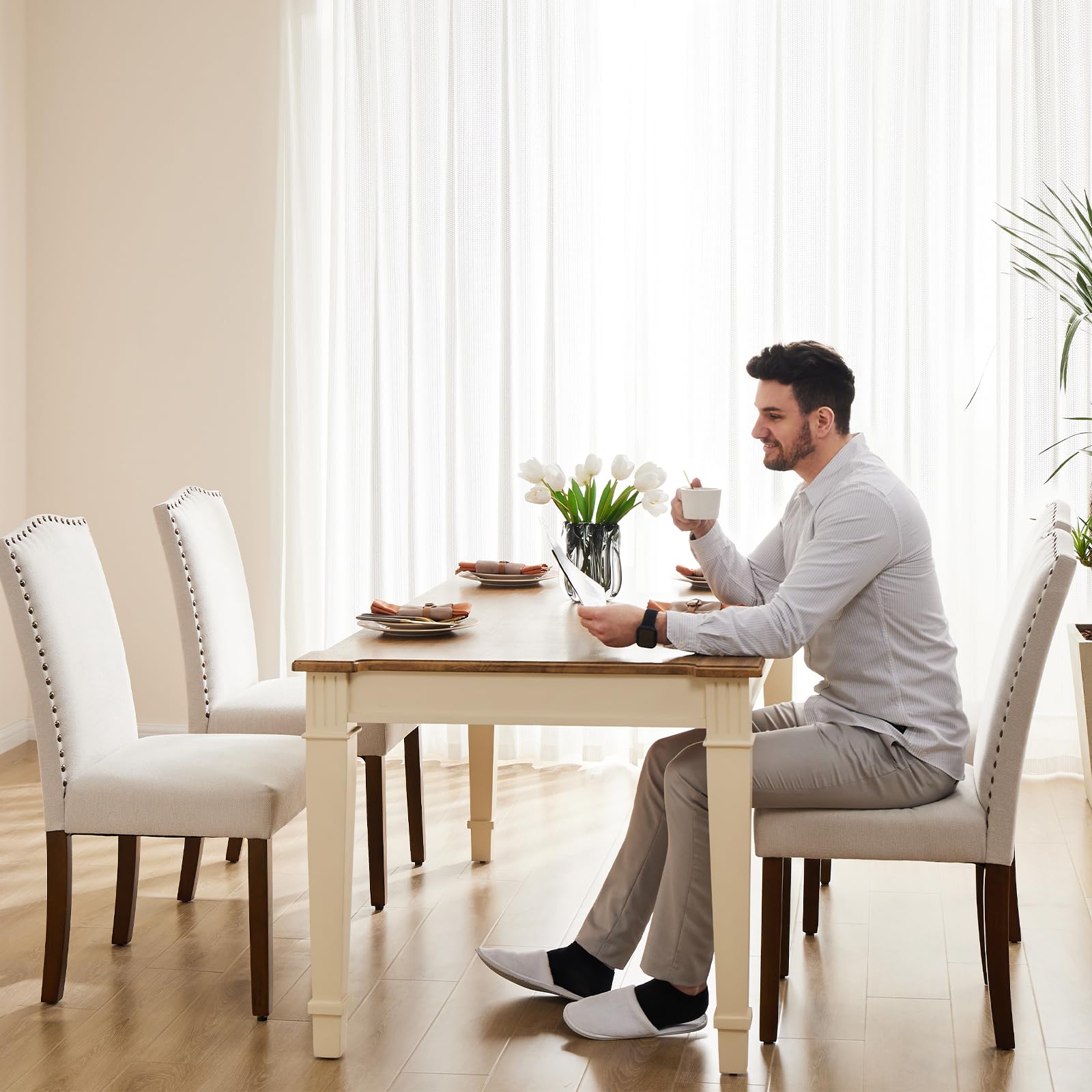 Sweetcrispy Mid Century Modern Dining Chairs Set of 4 - Upholstered Fabric Kitchen & Dining Room Chairs with Nailhead Trim & Wooden Legs - Perfect for Bedroom, Living Room & Home Office - Beige