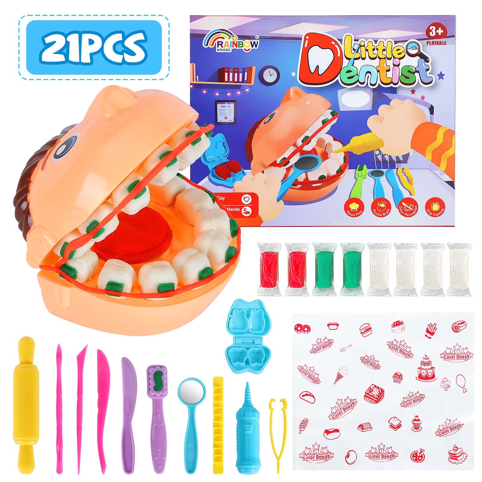 21-Piece Playdough Dentist Kit for Kids - Pretend Play Toys with 8 Colors of Play Dough for Toddlers & Children Ages 3-8 (White) | Fun Dental Learning & Creative Play for Boys & Girls