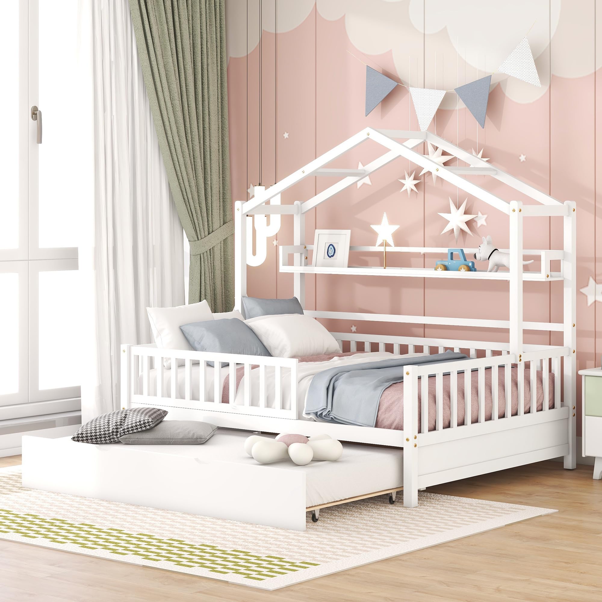 Harper & Bright Designs Full Size House Bed with Trundle - Wooden Kids Bed Frame with Built-in Shelf & Roof - No Box Spring Needed (White) - Perfect for Kids' Bedroom, Playroom & Nursery Decor