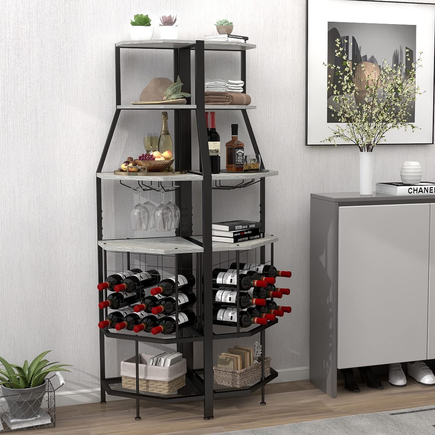 5-Tier Corner Wine Rack Floor Standing - Metal & Wood Wine Storage Shelf with Glass Holder for Kitchen, Dining Room, Home Bar | Space-Saving Corner Shelf for Wine Bottles & Stemware Organization