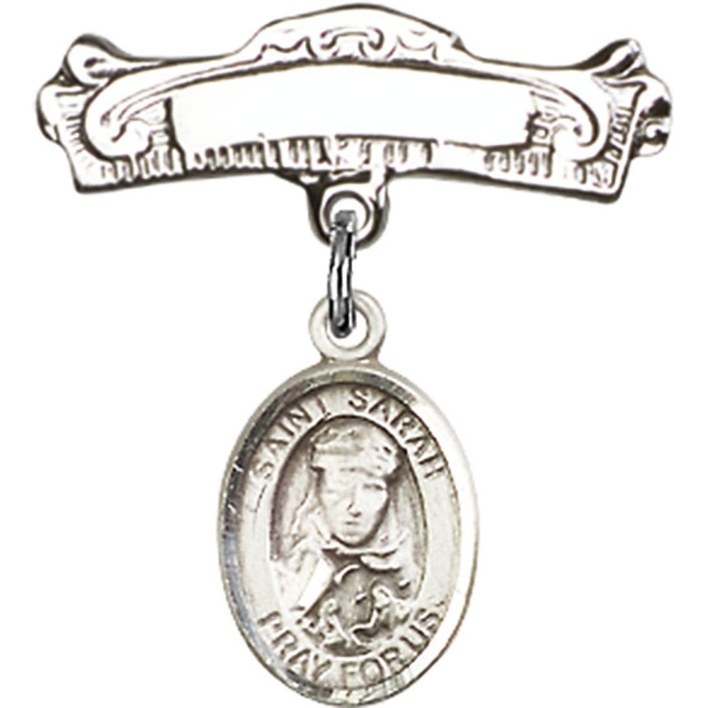 Sterling Silver Baby Badge with St. Sarah Charm - 7/8 X 7/8 Inches Arched Polished Pin - Perfect for Christening, Baptism Gifts & Baby Blessing Ceremonies
