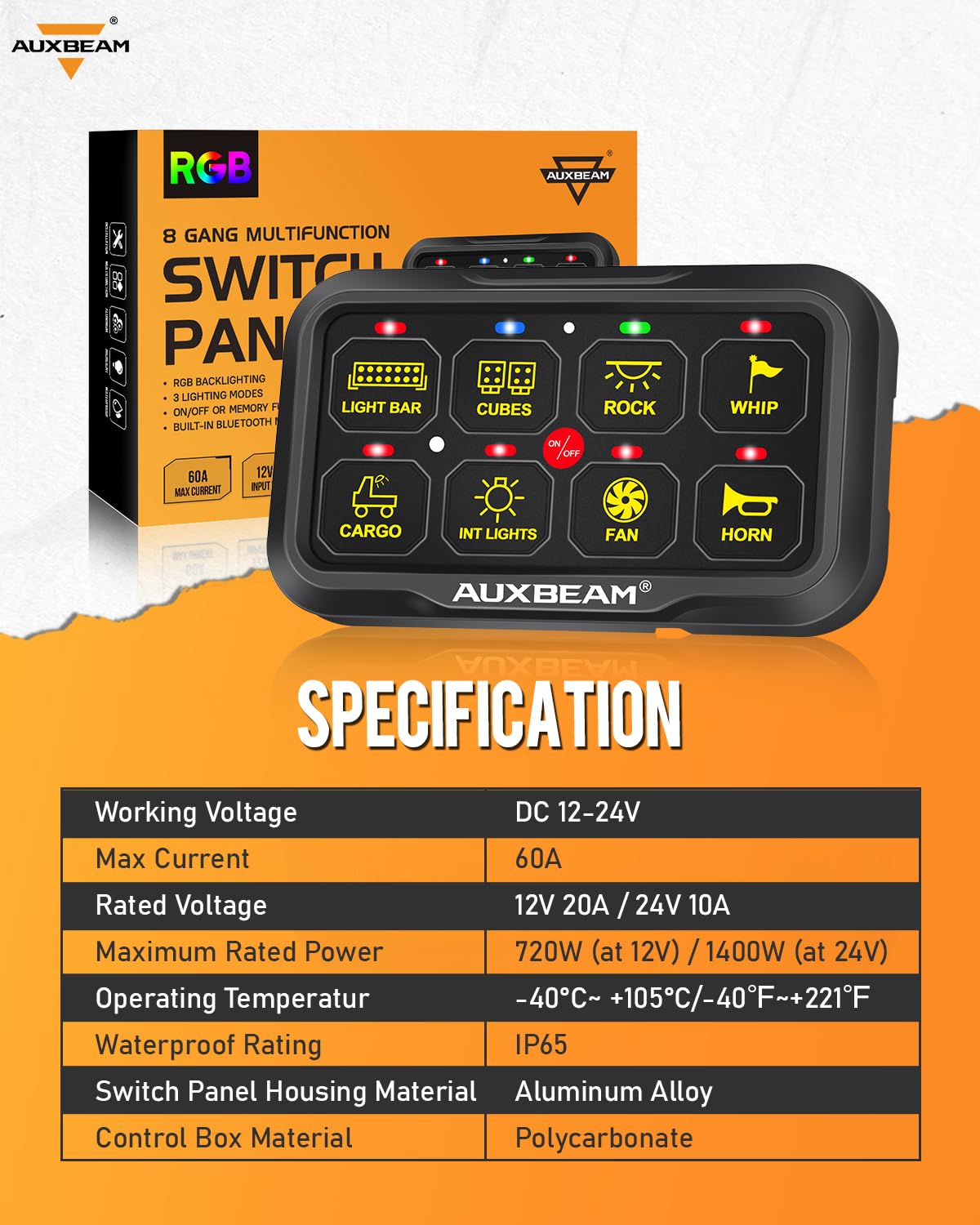 Auxbeam 8 Gang Switch Panel AR-820 Bluetooth RGB Switch Pod - Waterproof Multifunction Toggle Control Panel with Momentary/Pulsed Modes for UTV, ATV, Truck, Car, RV & Boat | Auto Dimmable LED Backlight | Perfect for Off-Roading, Marine & Camping Adventures | 2-Year Warranty
