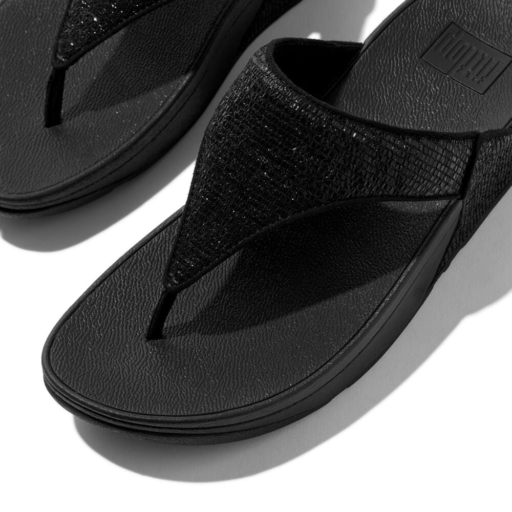 FitFlop Lulu Crinkled Shimmer Sandals for Women - Metallic Black | Comfortable Summer Beach Flip Flops with Arch Support | Perfect for Vacation, Poolside & Casual Outings