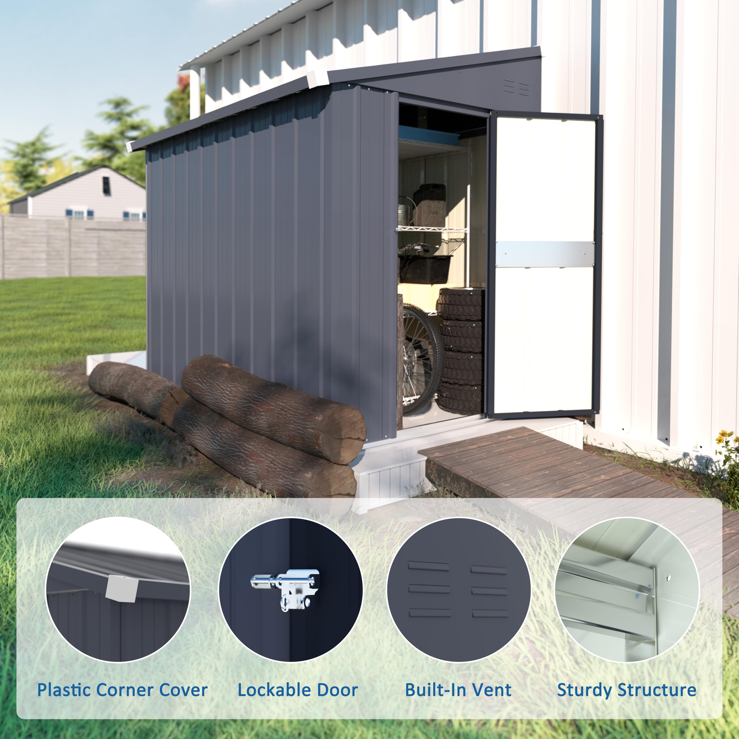 VEIKOU 4x6FT Heavy-Duty Metal Storage Shed - Galvanized Steel Outdoor Shed with Lockable Door & Ventilation - Weatherproof Garden Shed for Backyard, Patio & Lawn Equipment Storage (Gray & Black)