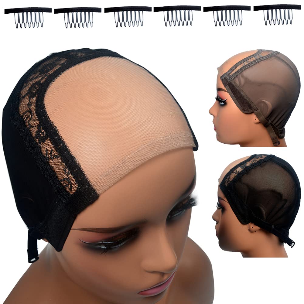 3pcs Adjustable 4X4 Inch U Part Swiss Lace Mesh Wig Cap for Making Wigs - with Back Straps & 6pcs Wig Combs (Size S/54cm, Brown) | Perfect for DIY Wig Making, Cosplay, and Hair Styling