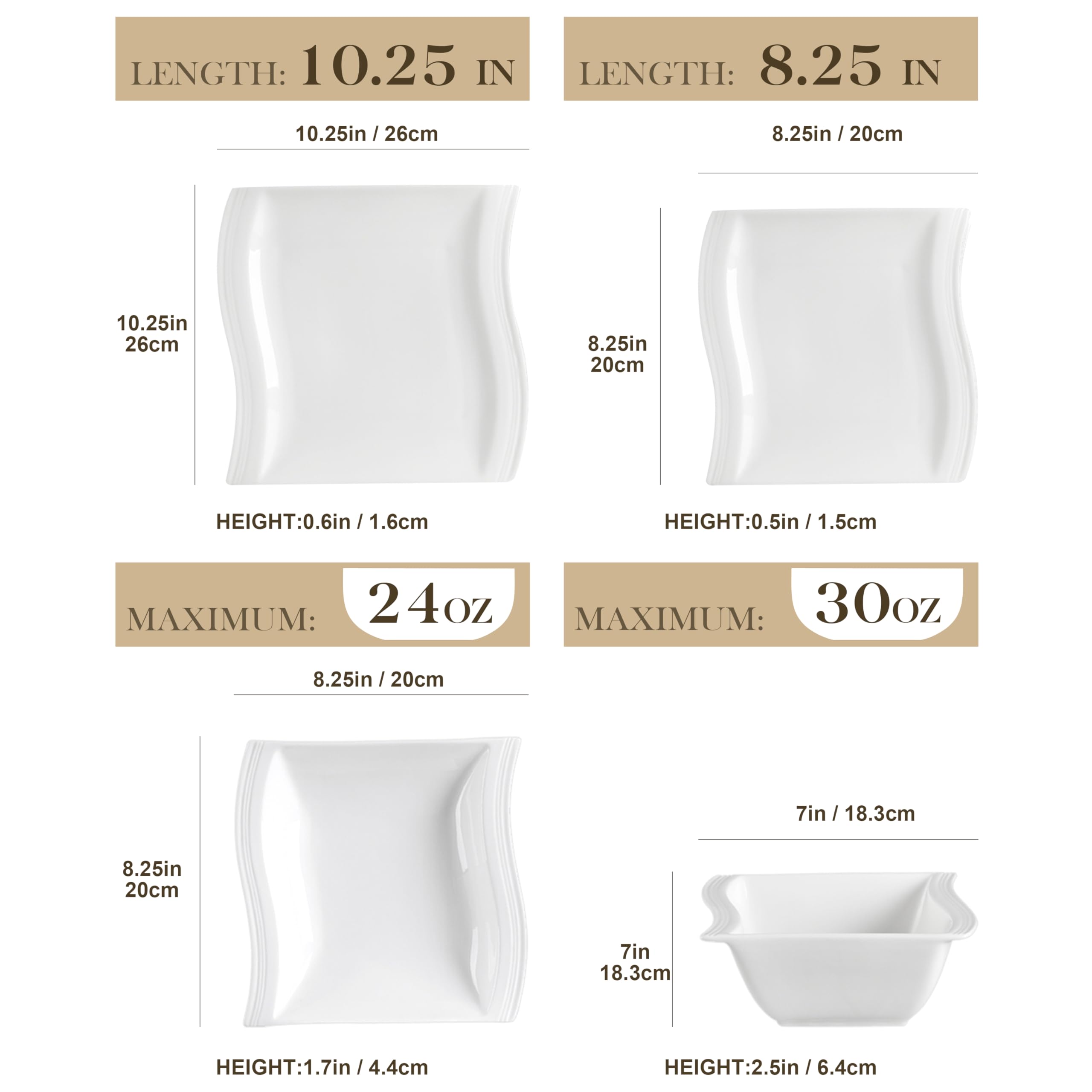 MALACASA 16-Piece Ivory White Porcelain Dinnerware Set for 4 - Square Plates & Bowls, Modern FLORA Series | Includes Dinner Plates, Dessert Plates, Soup Bowls | Perfect for Family Meals, Dinner Parties & Restaurant-Style Dining
