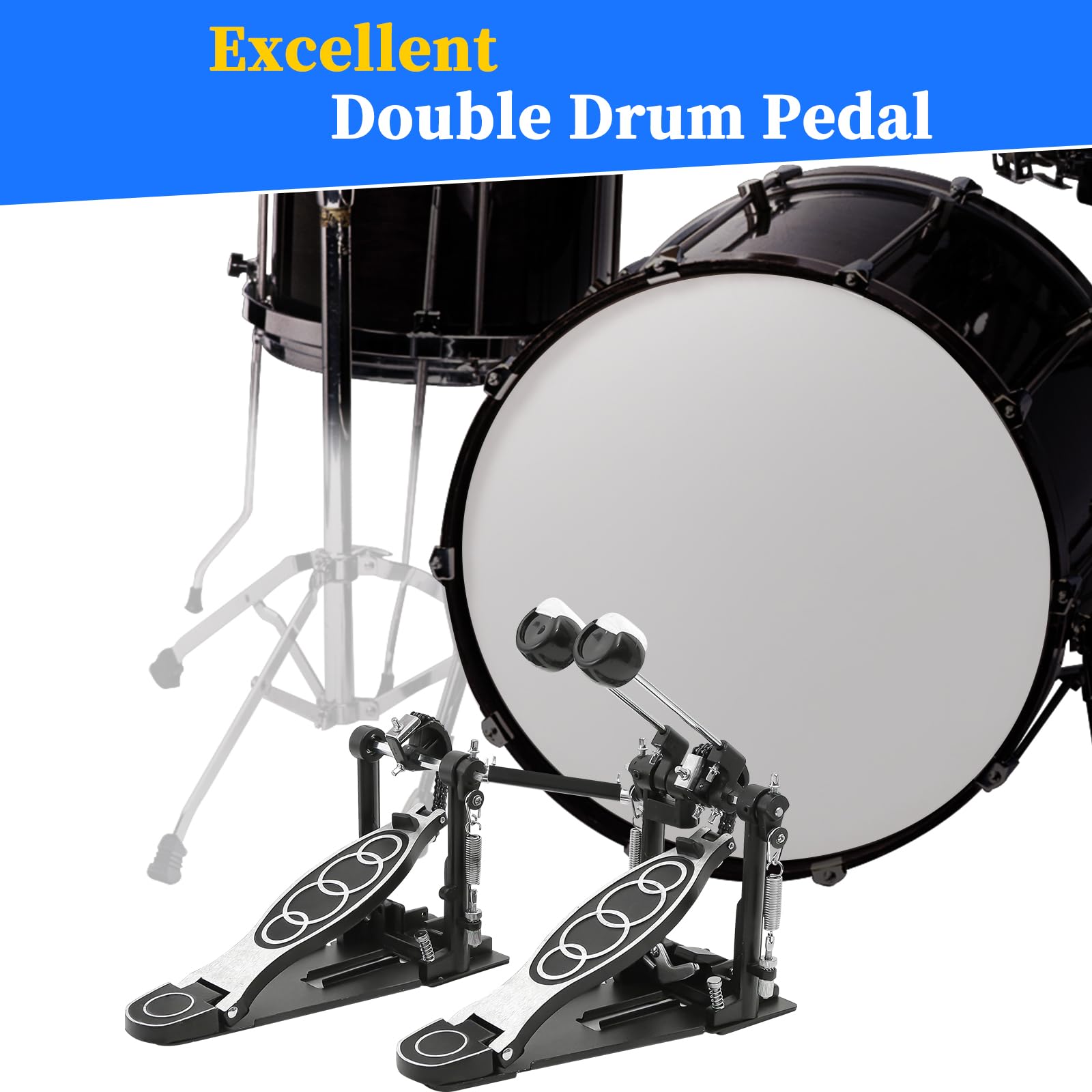 Double Bass Drum Pedal - Adjustable Beater Head & Chain Drive Kick Pedal with Drum Key | Perfect for Drum Sets & Electronic Drums | Stage Performances & Home Practice