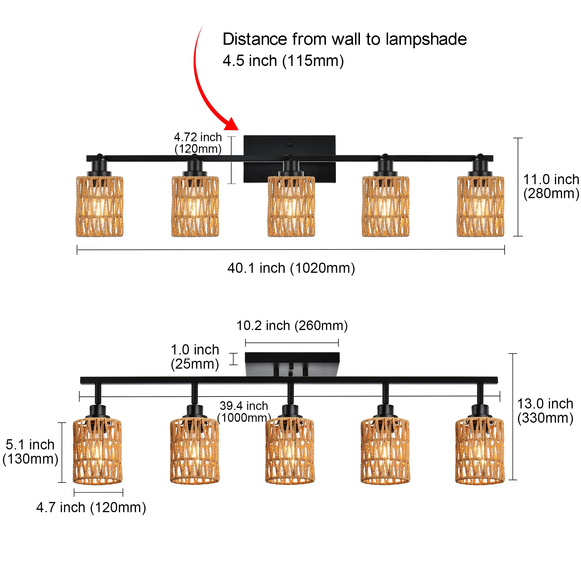 MELUCEE 5-Light Black Track Ceiling Light Fixture with Rattan Shade - Farmhouse Vanity Lighting for Bathroom, Hallway, Porch & Foyer - Adjustable Rotatable Spotlight Heads for Perfect Ambience