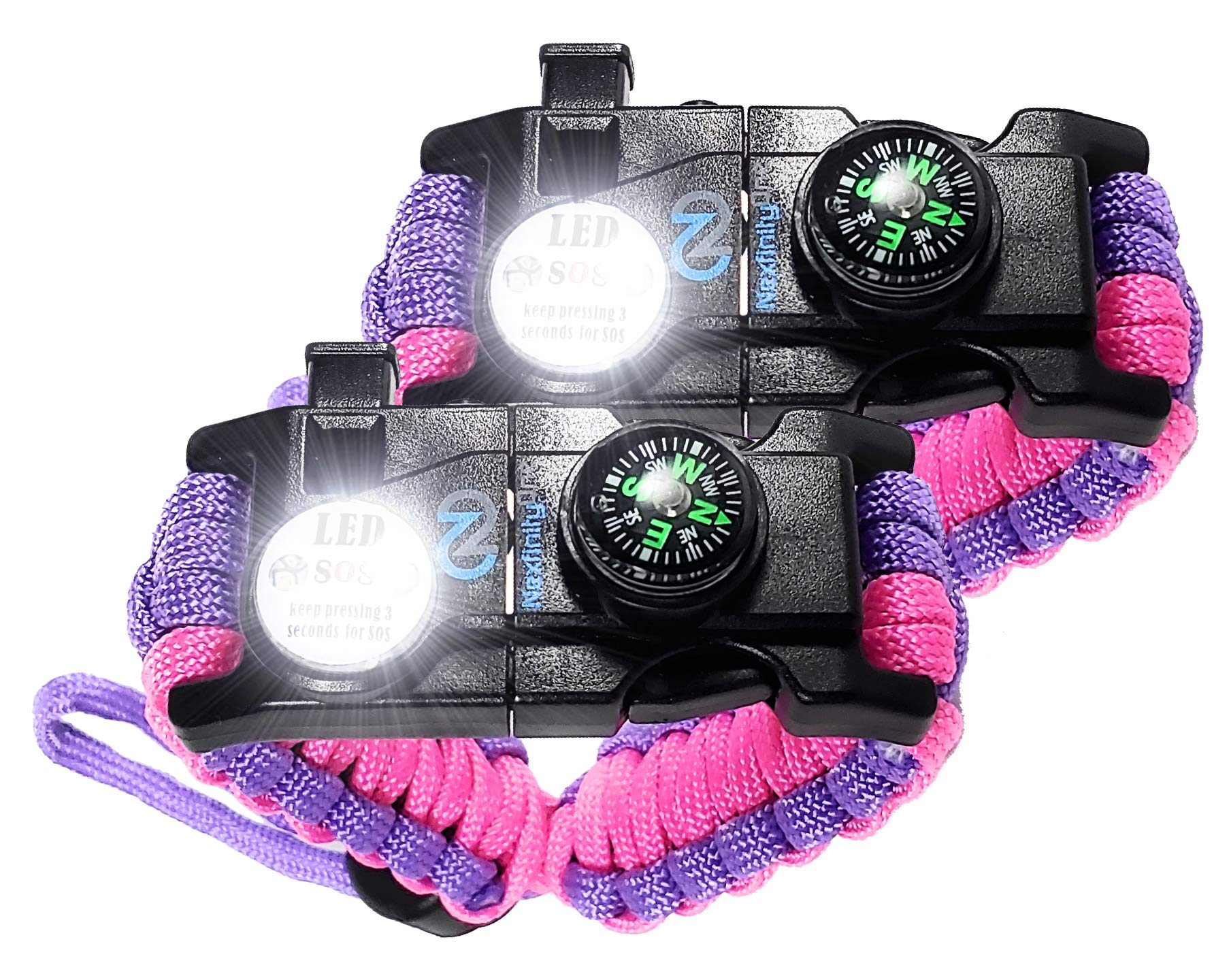 Survival Paracord Bracelet - 550 Grade Tactical Emergency Gear with SOS LED Light, Adjustable, Multitools, Fire Starter, Compass & Whistle - Set of 2 for Outdoor Adventures, Camping, Hiking & Emergency Preparedness
