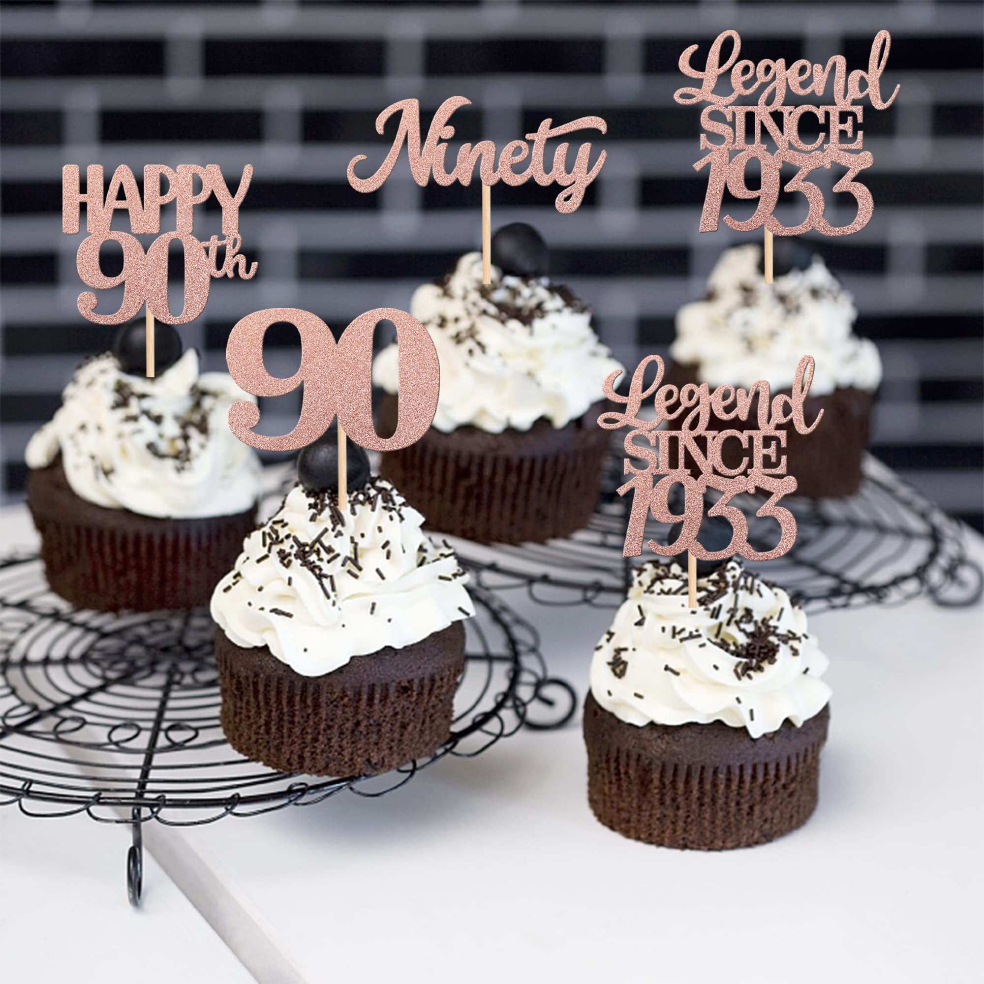 24 PCS Rose Gold Glitter 90th Birthday Cupcake Toppers - Happy 90th Birthday Cake Decorations, Cheers to 90 Years Party Supplies for Anniversary Celebrations (Legend Since 1933) - Perfect for Milestone Birthday Parties, Retirement Celebrations & Golden Anniversary Decor