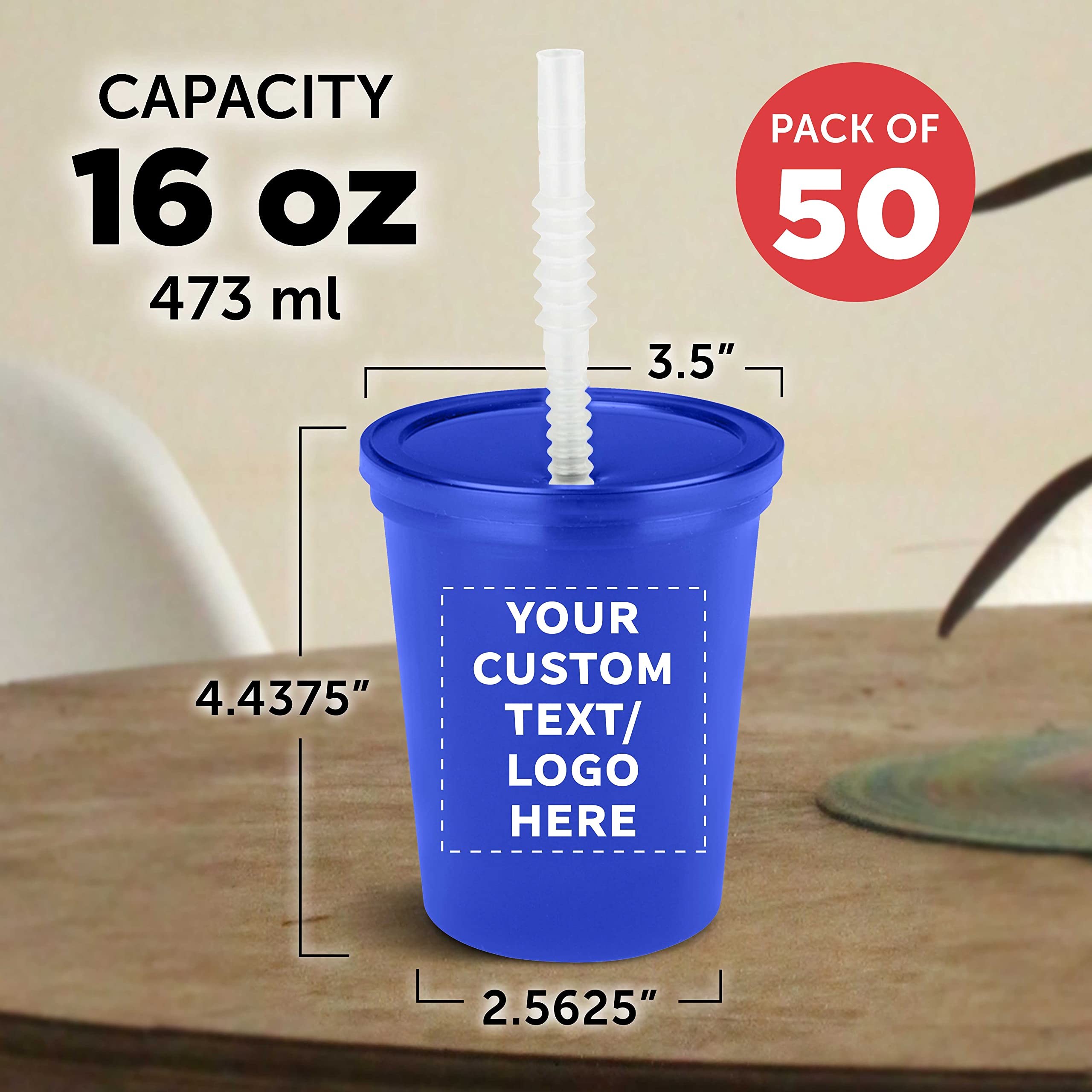 Custom 16 oz Plastic Cups with Lids and Straws - Bulk Pack of 50 Personalized Cups for Summer Parties, Weddings, Sporting Events, Beach Picnics & Birthdays - Reflex Blue - Ideal for Outdoor Gatherings, BBQs, and Festive Celebrations