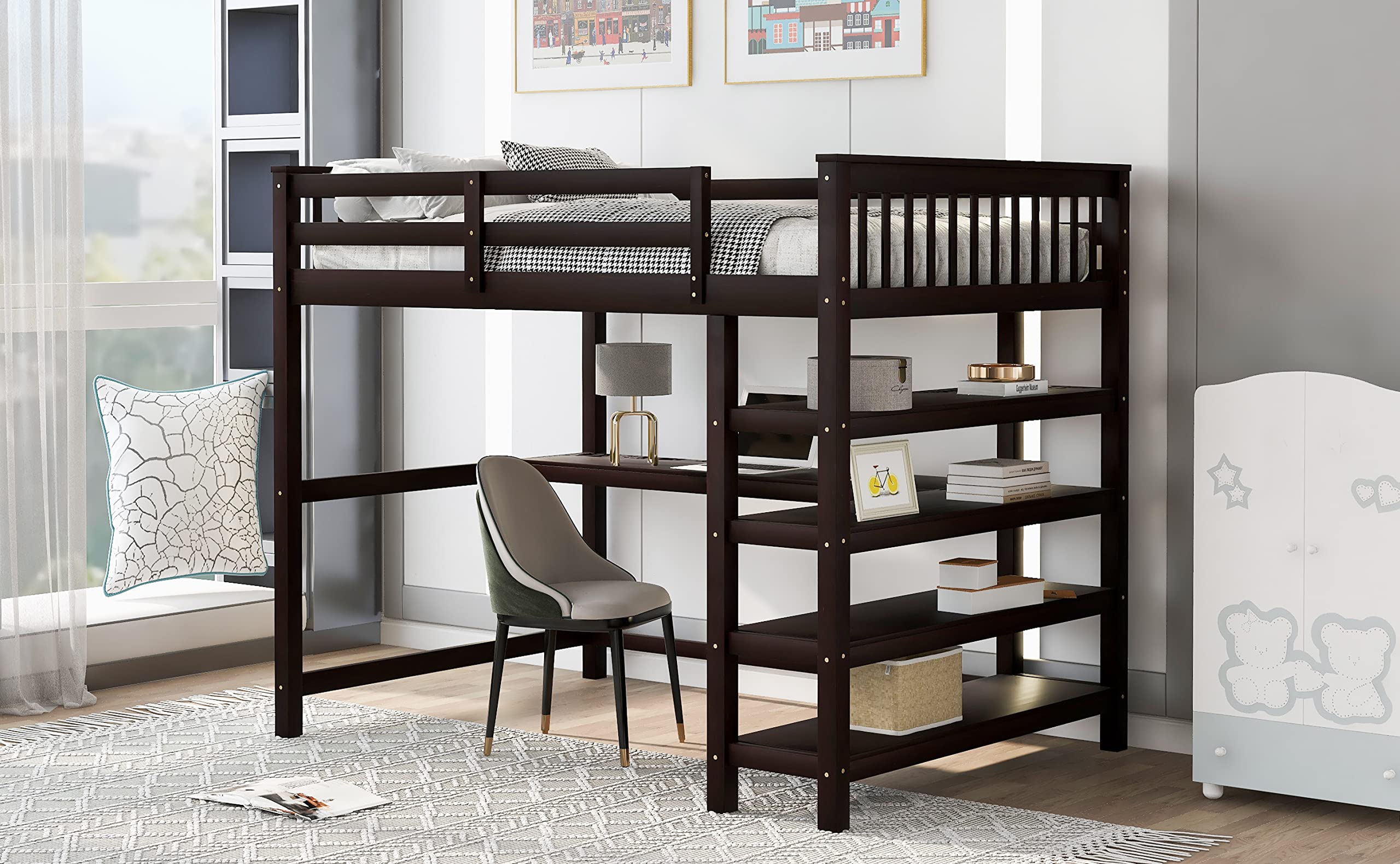 Merax Full Size Loft Bed with Storage & Desk - Solid Rubber Wood Frame, 4 Shelves, Guardrails - Space Saving Loft Bed for Teens & Adults (Espresso, Full) - Perfect for Small Bedrooms, Dorms & Studio Apartments
