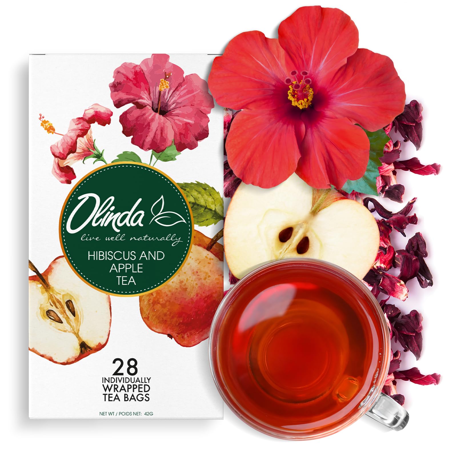 Organic Hibiscus & Apple Herbal Tea Bags - Caffeine Free, Natural Fruit Blend for Hot or Iced Tea - 28 Count Pack - Perfect for Relaxation, Detox & Fall Beverages