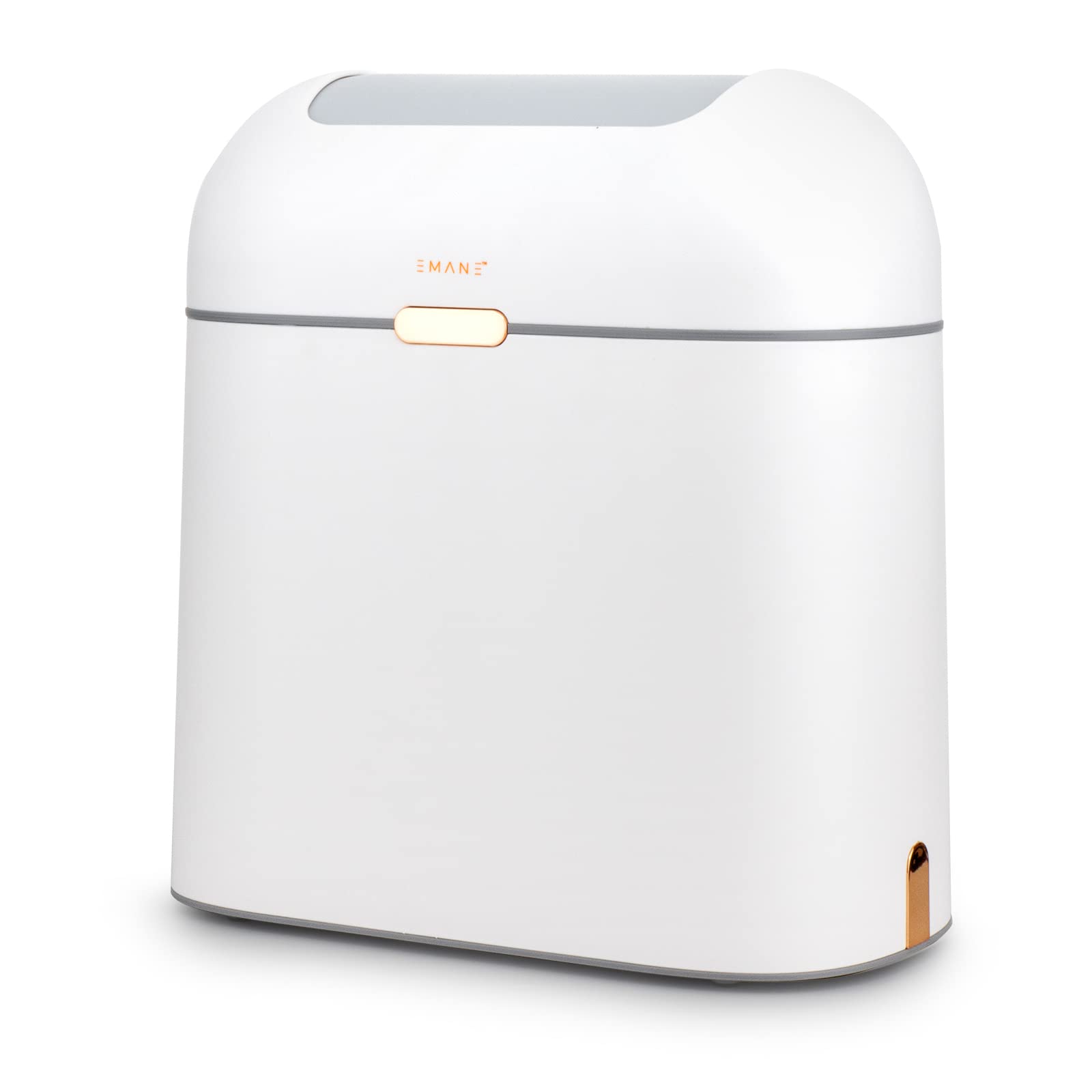 EMANE 13 Gallon Motion Sensor Trash Can with Butterfly Lid - Touchless Automatic Garbage Bin, Waterproof & Odor-Proof for Kitchen, Bathroom, Office - White with Golden Button (Ideal for Hands-Free Waste Disposal in High-Traffic Areas)