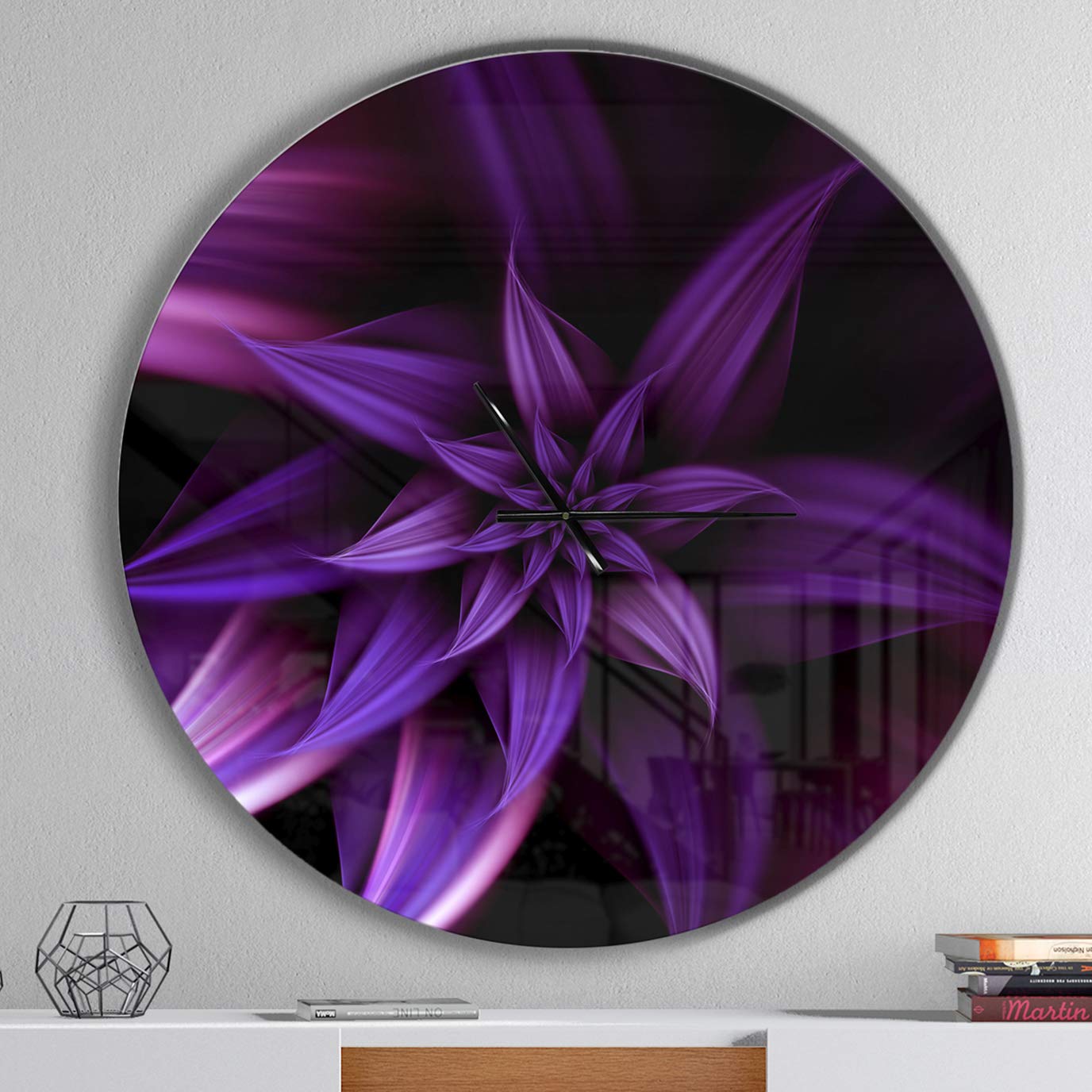 DesignQ 'Fractal Flower Purple' Modern Wall Clock - Silent Non-Ticking Battery Operated Round Clock for Home, Bedroom, Bathroom, Office & Living Room Decor - Perfect for Contemporary Spaces & Gift Giving