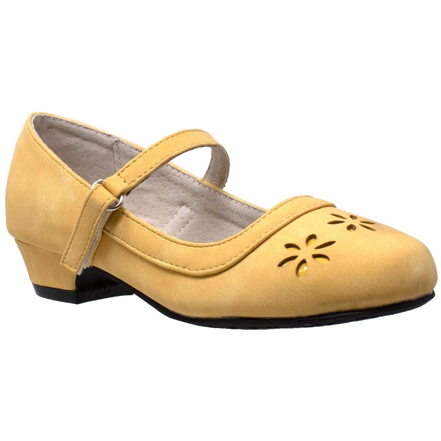 SOBEYO Girls Mary Jane Dress Shoes - Low Heel Closed Toe Floral Cut Out Design for Kids | Perfect for Weddings, Parties & Special Occasions