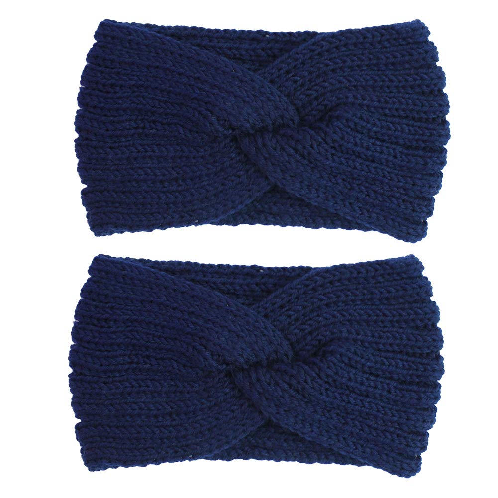 2PCS Women's Knitted Ear Warmer Headband - Winter Warm Crochet Hair Wrap, Elastic Twisted Headbands for Cold Weather (Navy Blue) | Perfect for Outdoor Activities, Running, Skiing & Winter Fashion Accessories