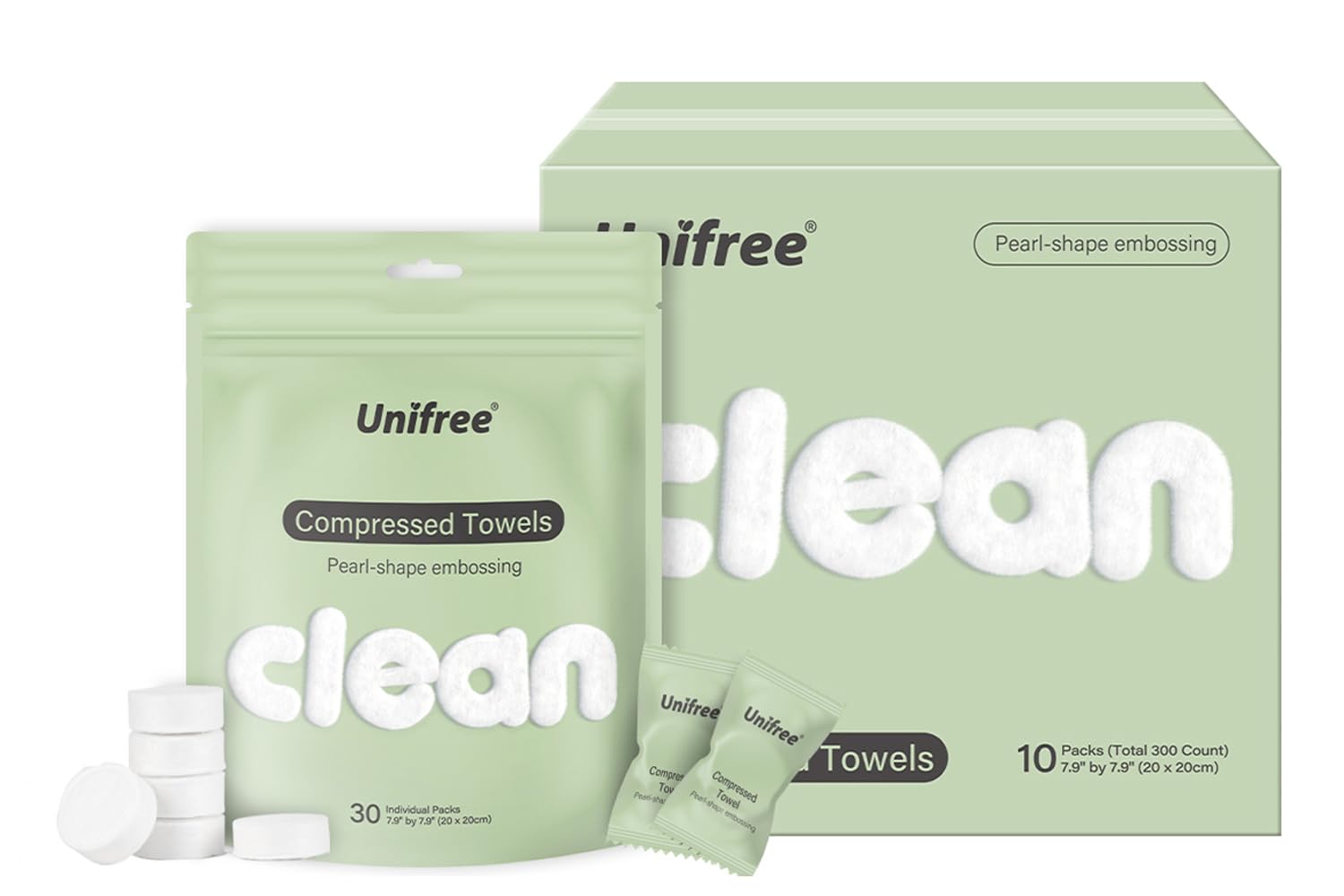 Unifree Compressed Towels - 300 Count, Dry Wipes, Makeup Remover, Facial Tissues, Travel-Friendly Individual Pack for Camping, Gym, Travel & Emergency Use