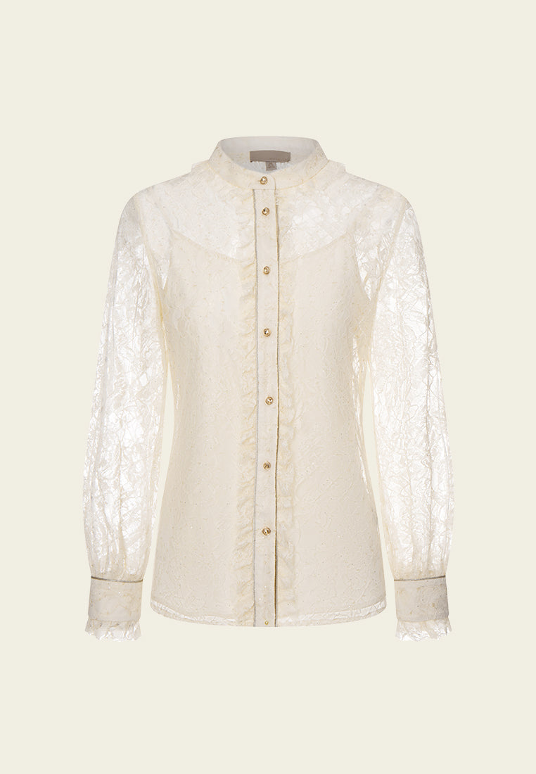 Elegant Ruffle Detail Stand Collar Lurex Trim Lace Blouse for Women | Perfect for Office Wear, Parties & Special Occasions