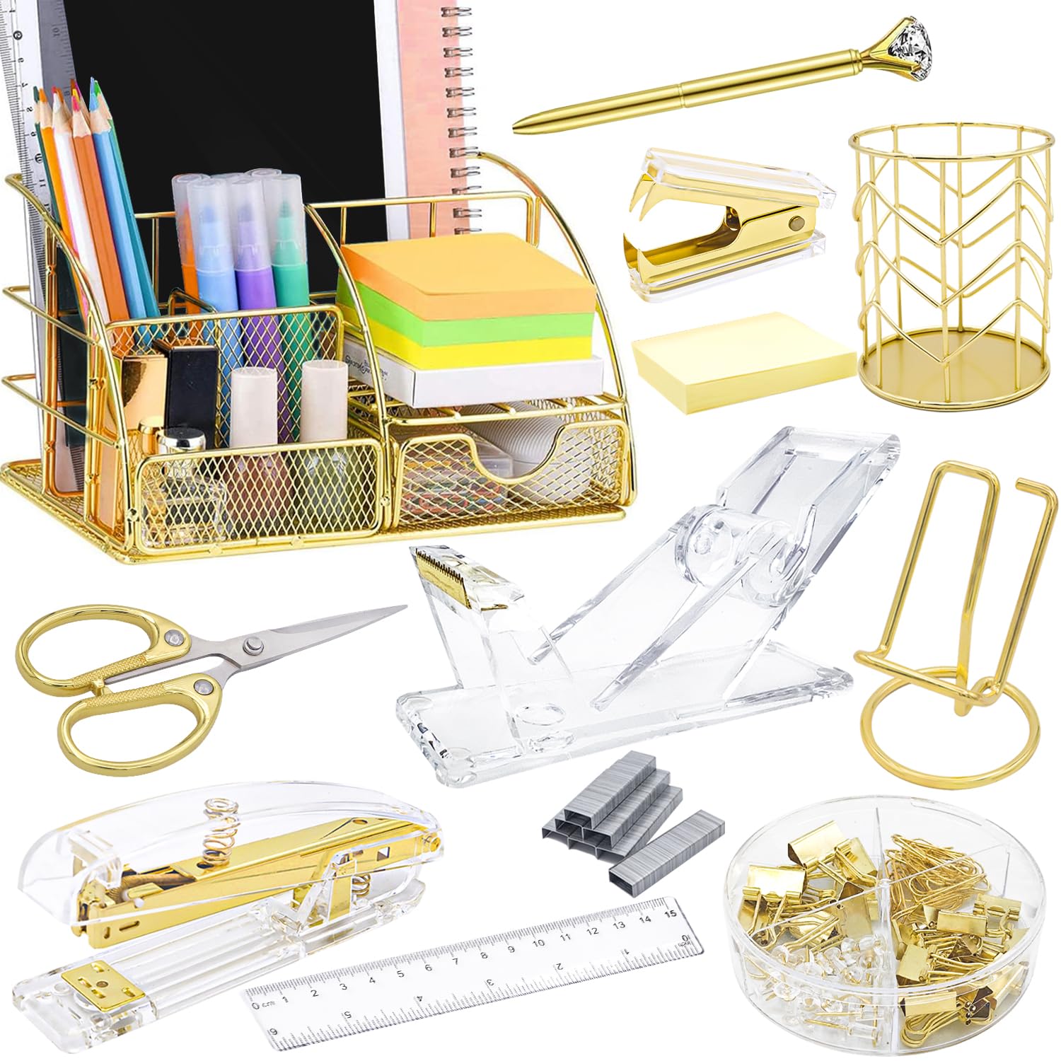 Premium Gold Desk Organizer Set - 13-Piece Office Supplies Kit with Acrylic Stapler, Tape Dispenser, Pen Holder, Scissors & Phone Stand - Elegant Workspace Accessories for Home Office, Study Desk & Professional Workstations
