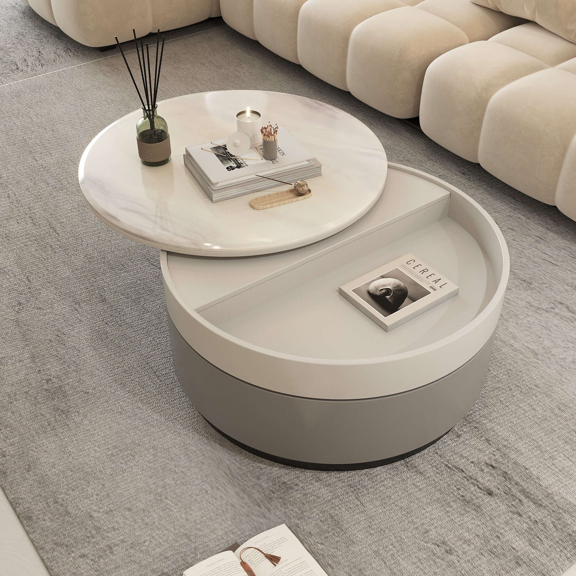 Rotating Round Coffee Table with Microcrystalline Stone Top - Modern Living Room Furniture for Home Decor & Entertainment