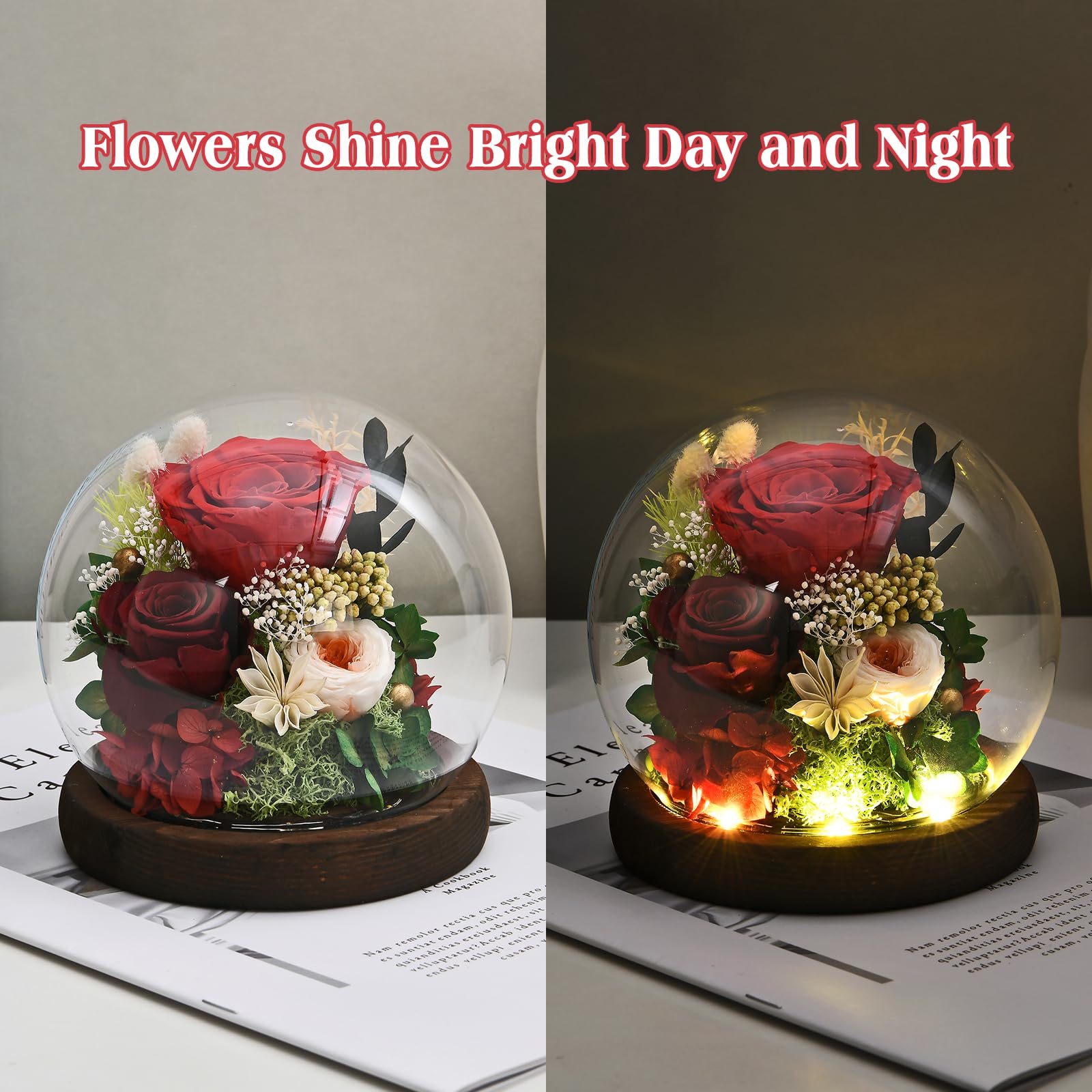 Elegant Rose in Glass Dome with LED Light - Romantic Gift for Women, Mom, Grandma, Girlfriend, Wife - Perfect for Anniversaries, Valentine's Day & Home Decor