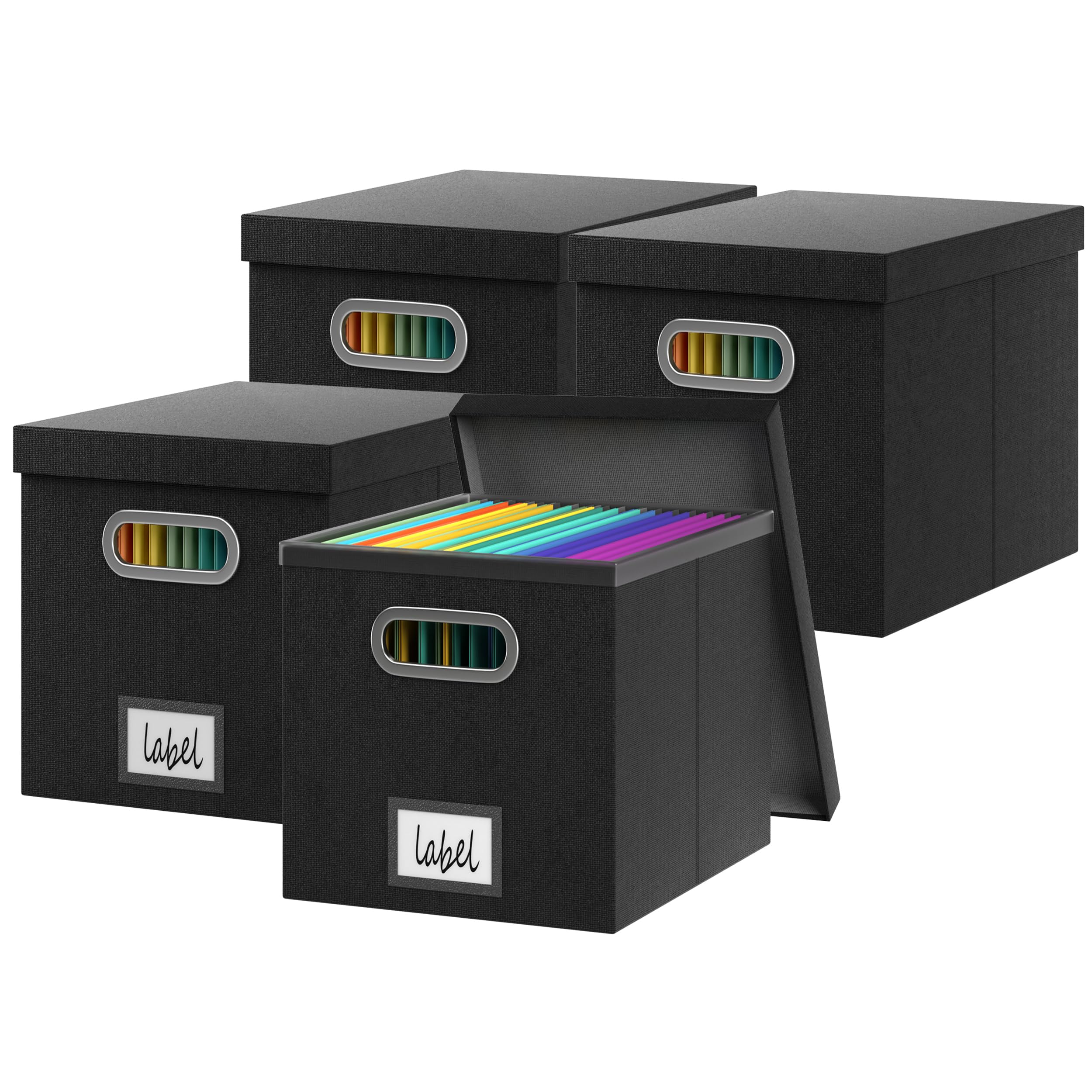 Black File Storage Box with Lid - 13.2x10.1x10.1 Inch Hanging File Organizer Box (4-Pack) - Durable Plastic Frame for Office, Home & School Document Organization - Perfect for Filing Cabinets, Desks & Storage Closets