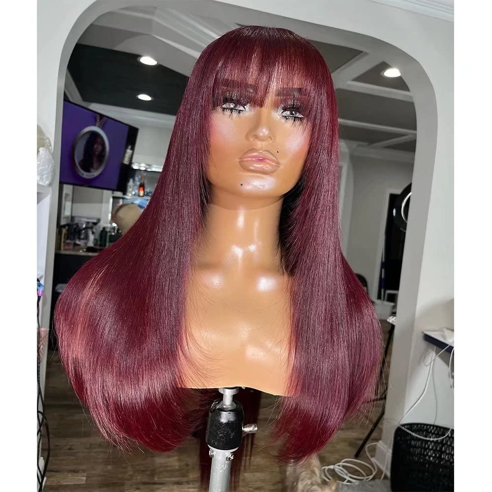 99J Burgundy Red Straight Wig with Bangs - 16inch Brazilian Remy Human Hair Wig for Black Women | Pre-Plucked 13x4 HD Transparent Lace Front | 150% Density Bleached Knots Glueless Wig | Perfect for Daily Wear, Cosplay & Special Occasions