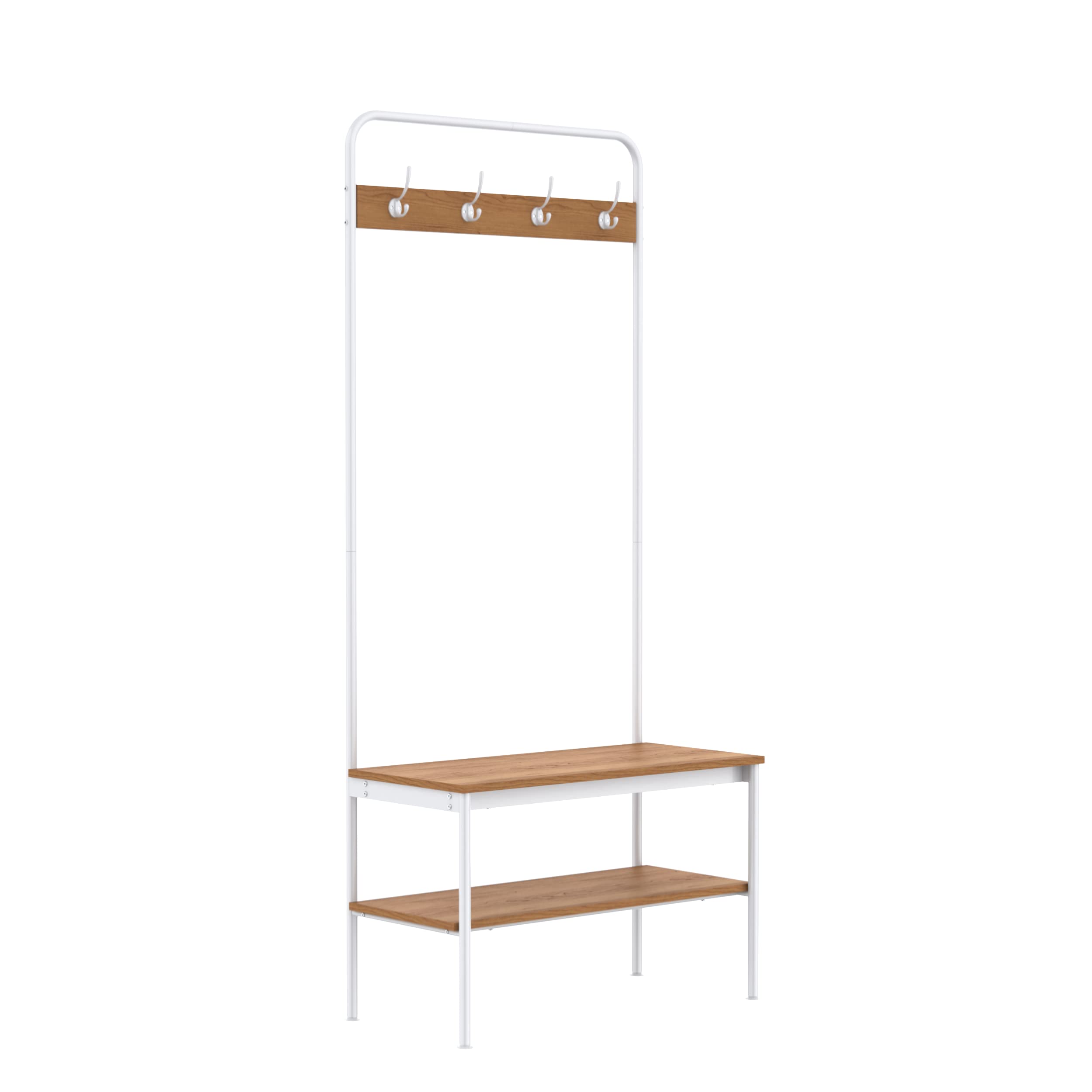 ClosetMaid Hall Tree with Shoe Bench - 4 Hooks & Storage Shelf - Coat Rack for Entryway - Wheat & White Metal - Perfect for Mudroom, Foyer & Home Organization