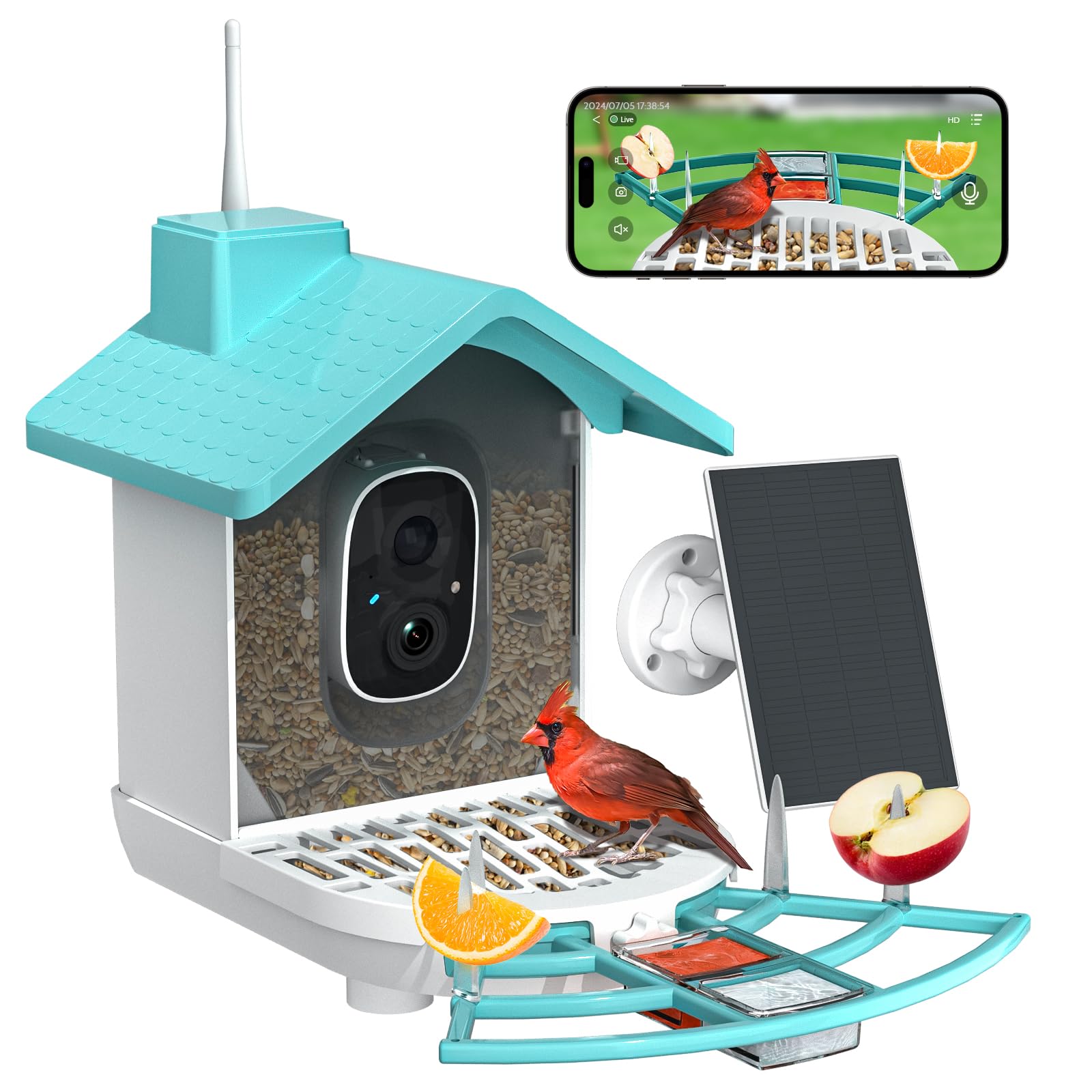 Smart Bird Feeder with HD Camera & Solar Panel - Outdoor Squirrel-Proof Bird Feeder with AI Bird Identification - Perfect Gift for Bird Lovers (Blue) - Ideal for Backyard Bird Watching & Nature Observation