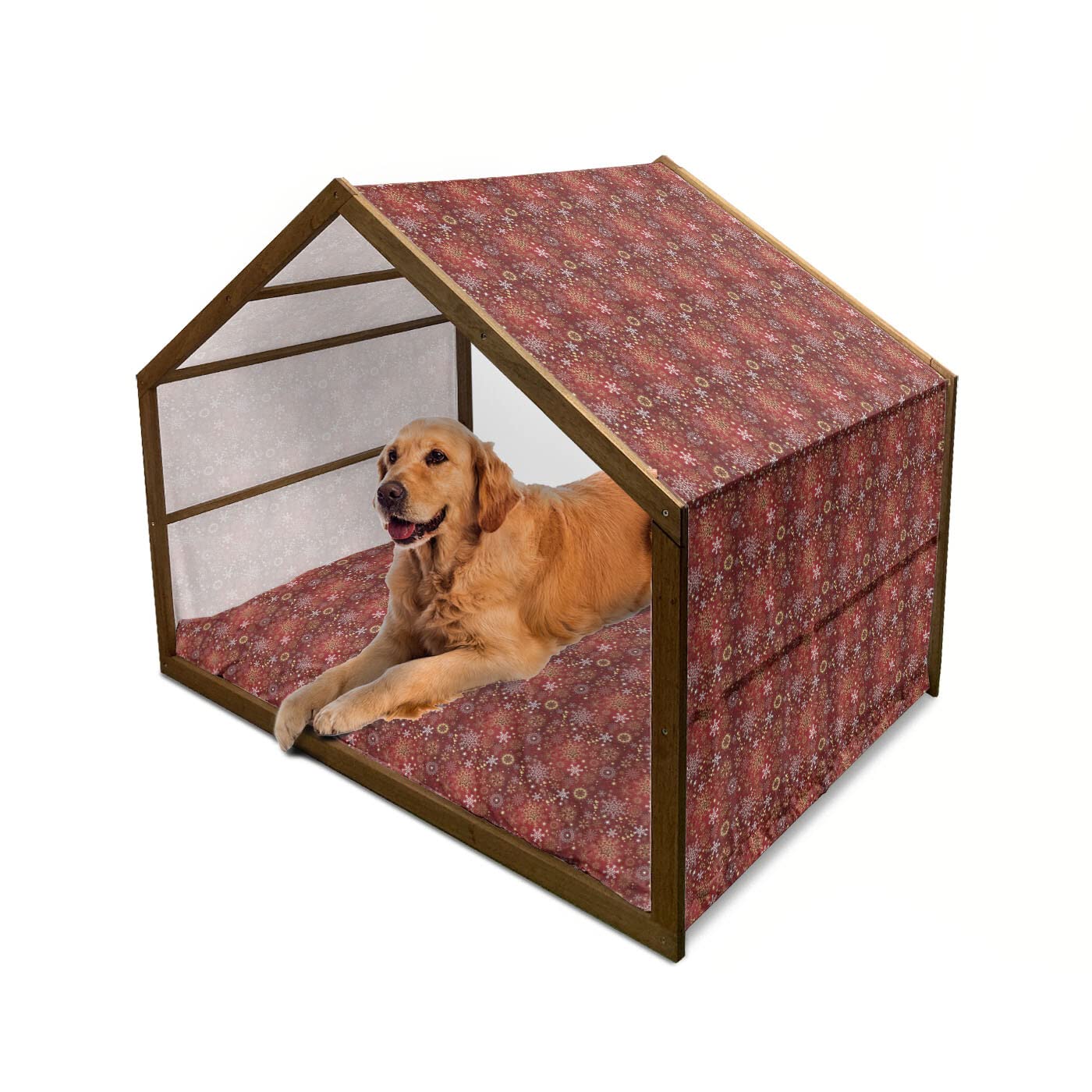 Ambesonne Vintage Winter Wooden Dog House - Old Fashioned Christmas Hearts & Swirls Design, Indoor Outdoor Portable Pet Kennel with Pillow & Cover, 2X-Large Size in Vermilion Yellow White - Perfect for Holiday Decor & Cozy Pet Shelter