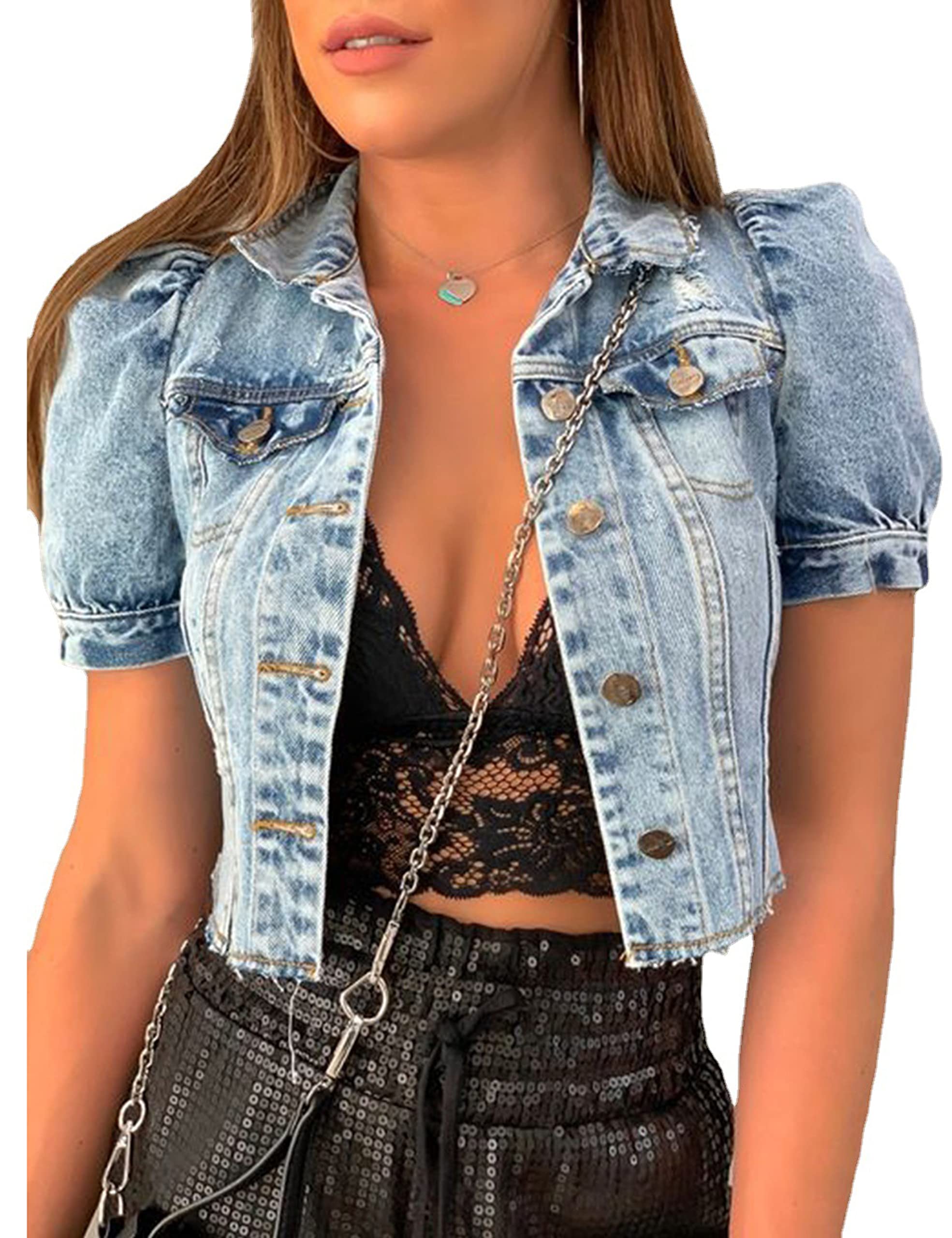 Vintage Ripped Denim Jacket for Women - APAFES Cropped Puff Short Sleeve Jean Jacket | Casual Streetwear, Spring Outfits & Music Festival Fashion